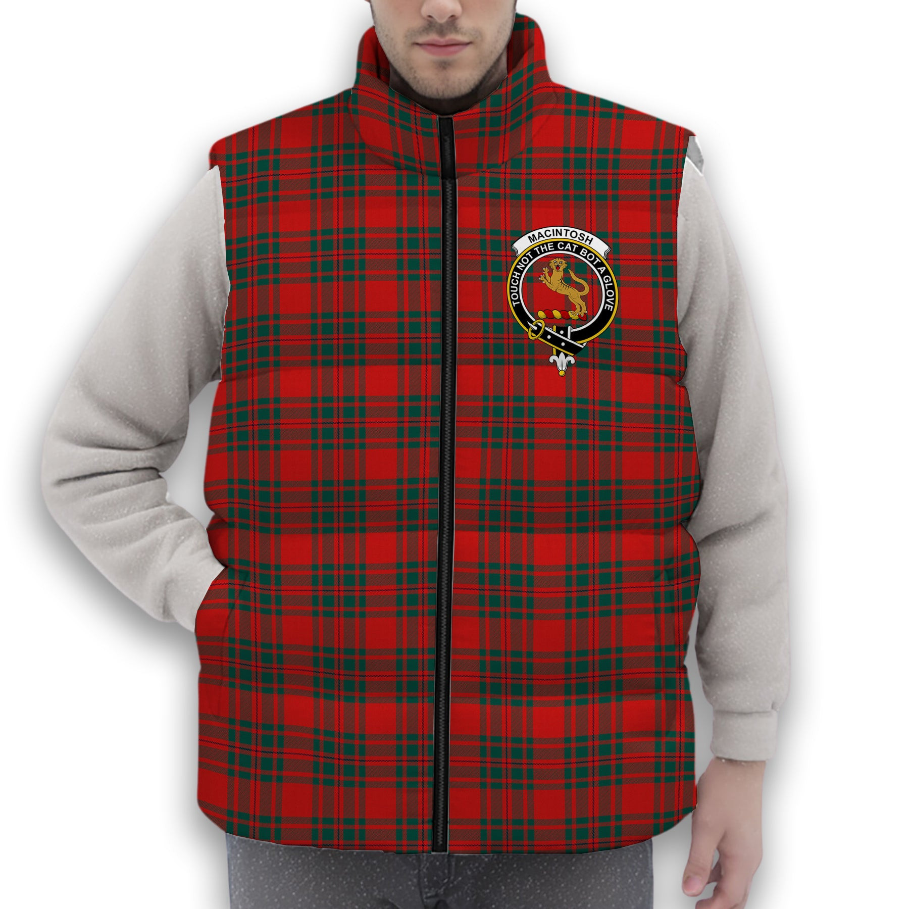 ScotsTee Shop Scottish MacIntosh Red Modern Crest Tartan Puffer Vest Winter White Duck Down Vest Sleeveless