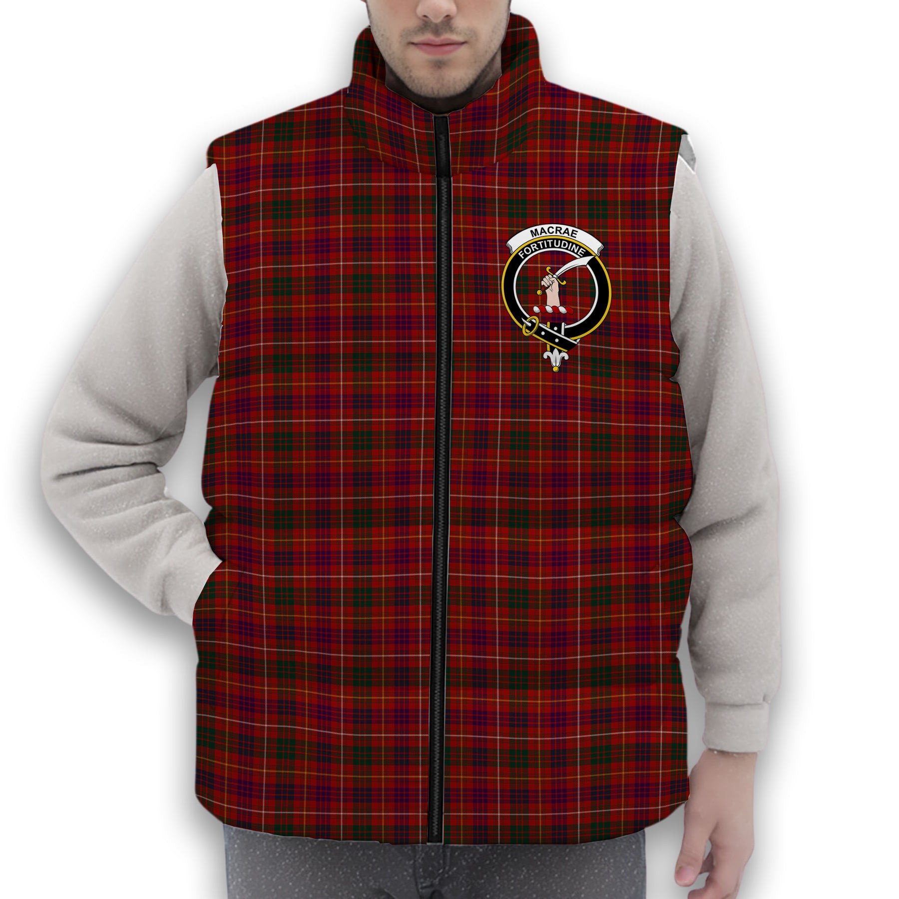ScotsTee Shop Scottish MacRae of Inverinate Crest Tartan Puffer Vest Winter White Duck Down Vest Sleeveless