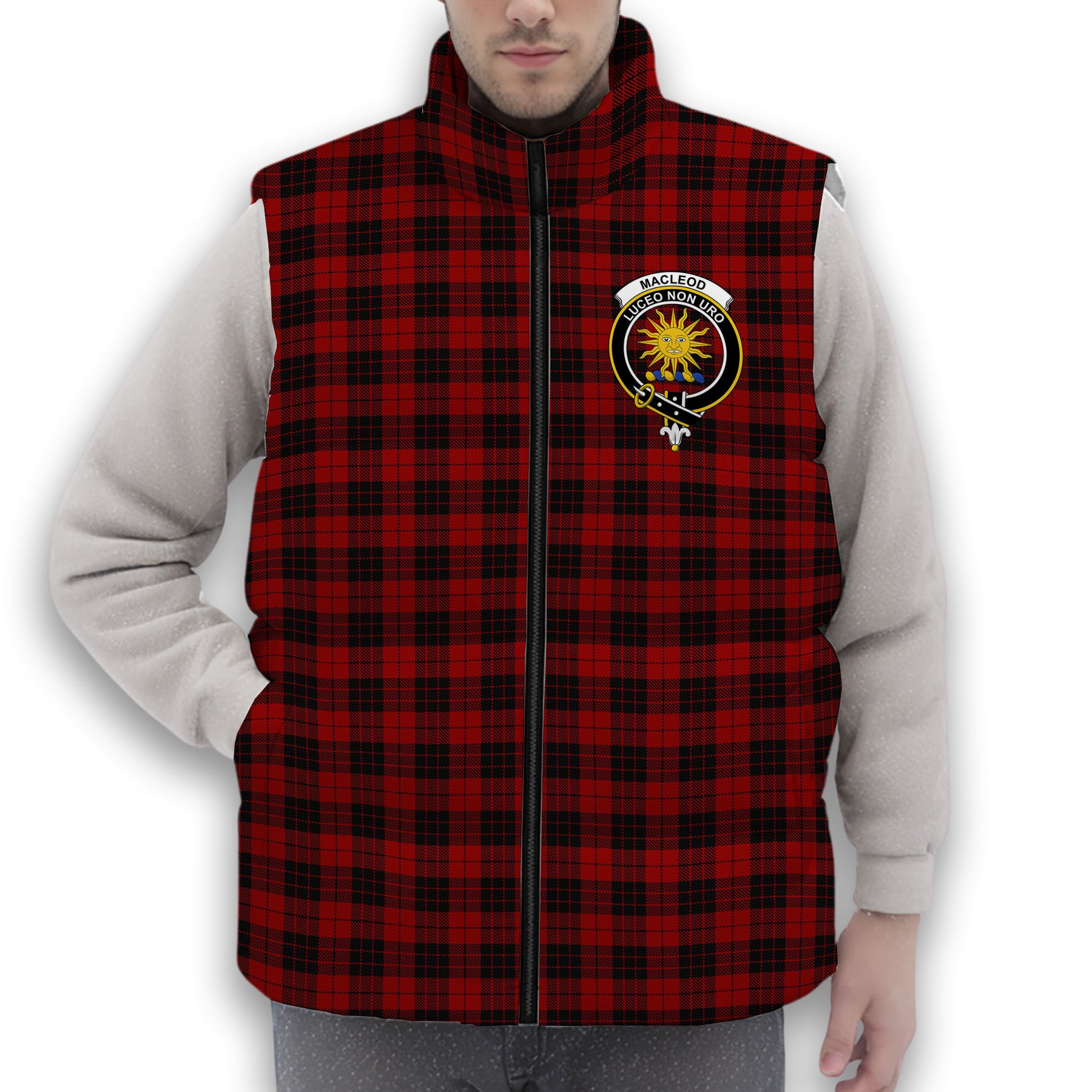 ScotsTee Shop Scottish MacLeod of Raasay Highland Crest Tartan Puffer Vest Winter White Duck Down Vest Sleeveless