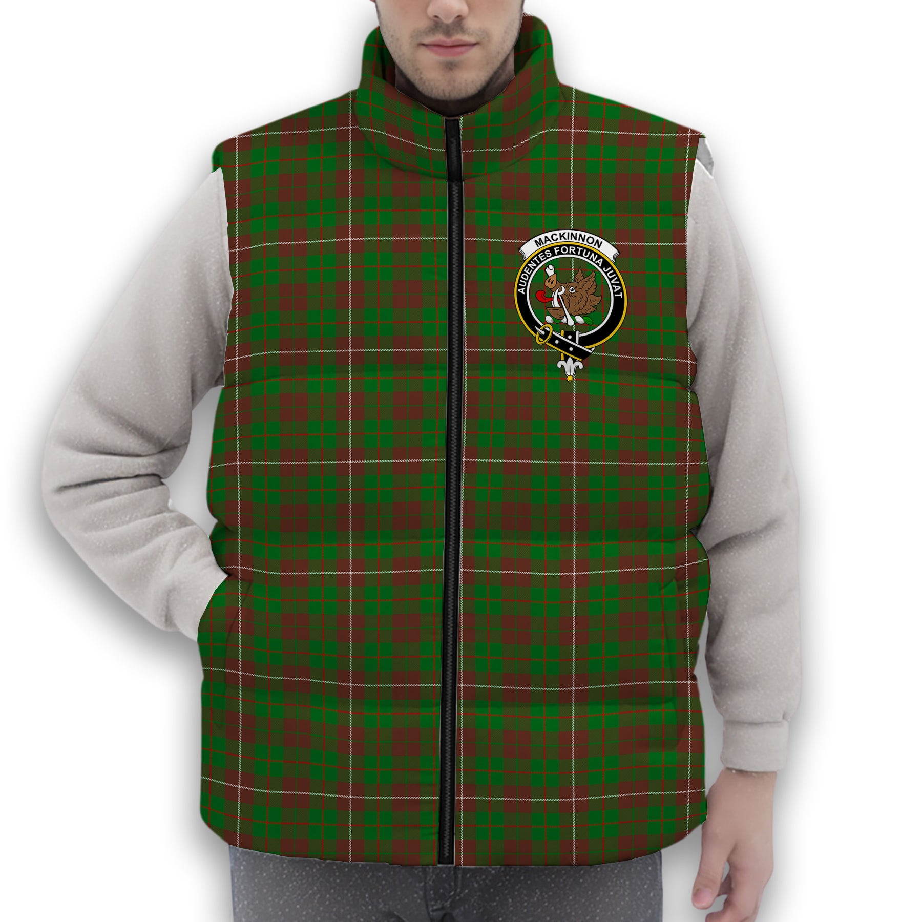 ScotsTee Shop Scottish MacKinnon Hunting Modern Crest Tartan Puffer Vest Winter White Duck Down Vest Sleeveless