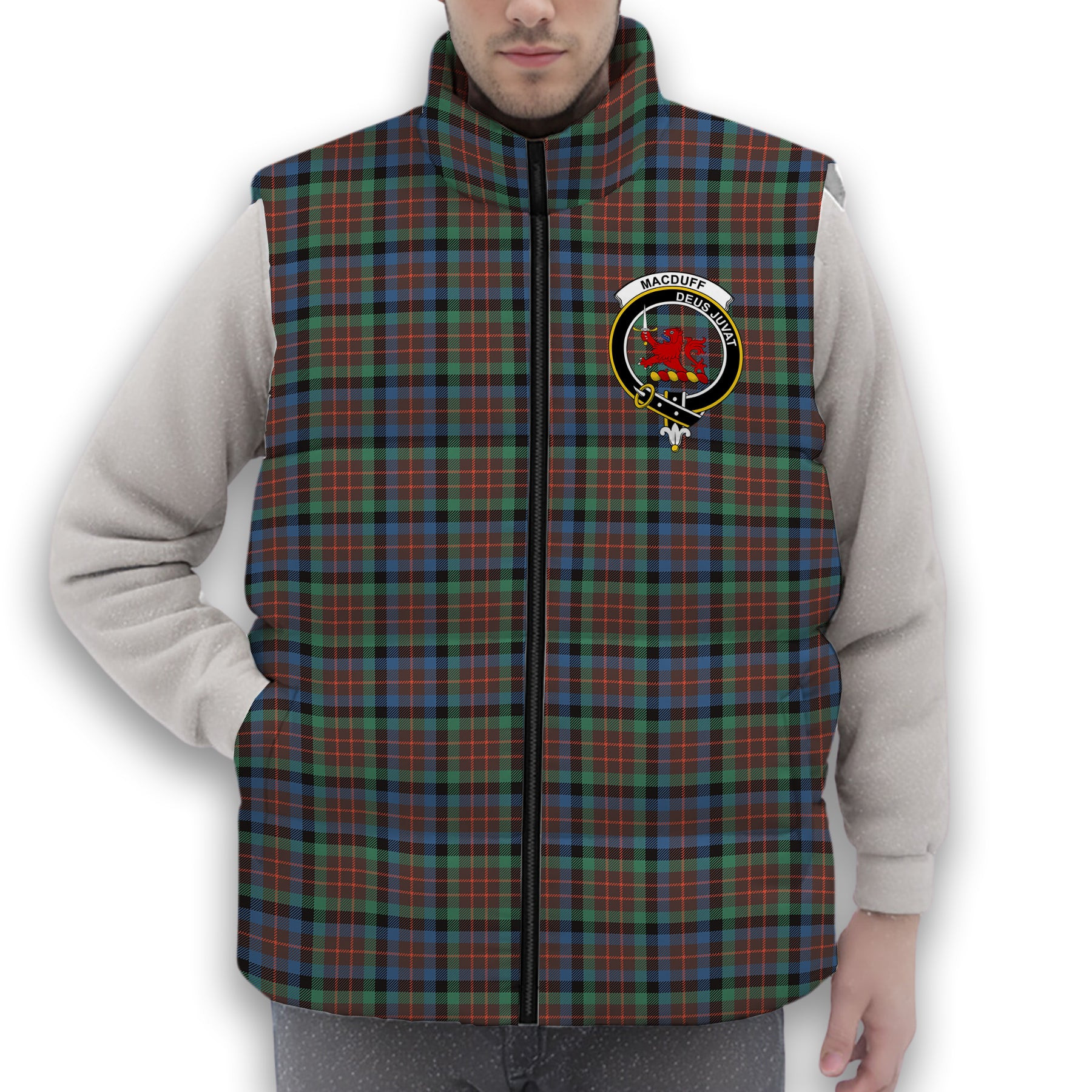ScotsTee Shop Scottish MacDuff Hunting Ancient SC Crest Tartan Puffer Vest Winter White Duck Down Vest Sleeveless