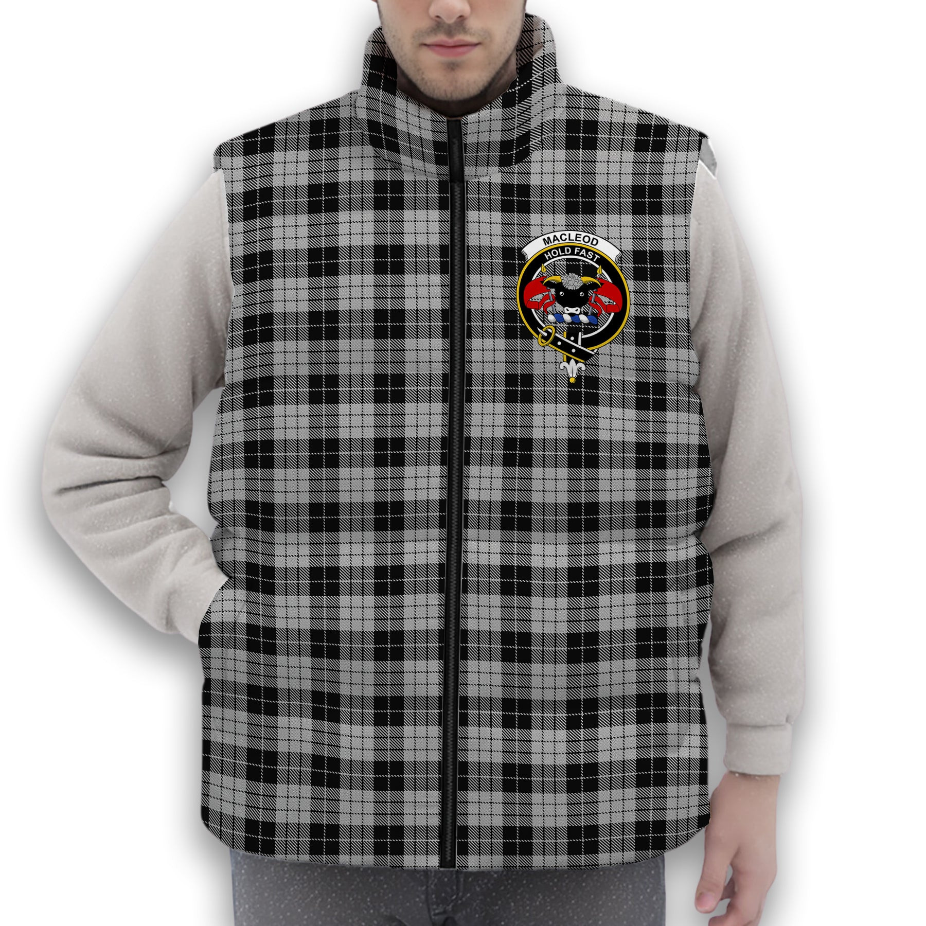 ScotsTee Shop Scottish MacLeod Black and White Crest Tartan Puffer Vest Winter White Duck Down Vest Sleeveless
