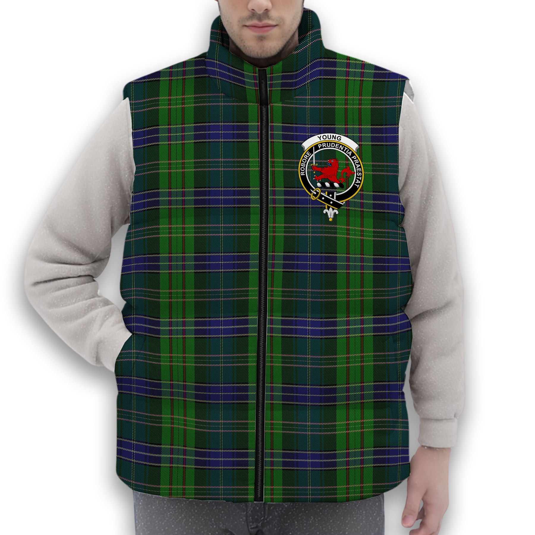 ScotsTee Shop Scottish Young, Melvina Crest Tartan Puffer Vest Winter White Duck Down Vest Sleeveless