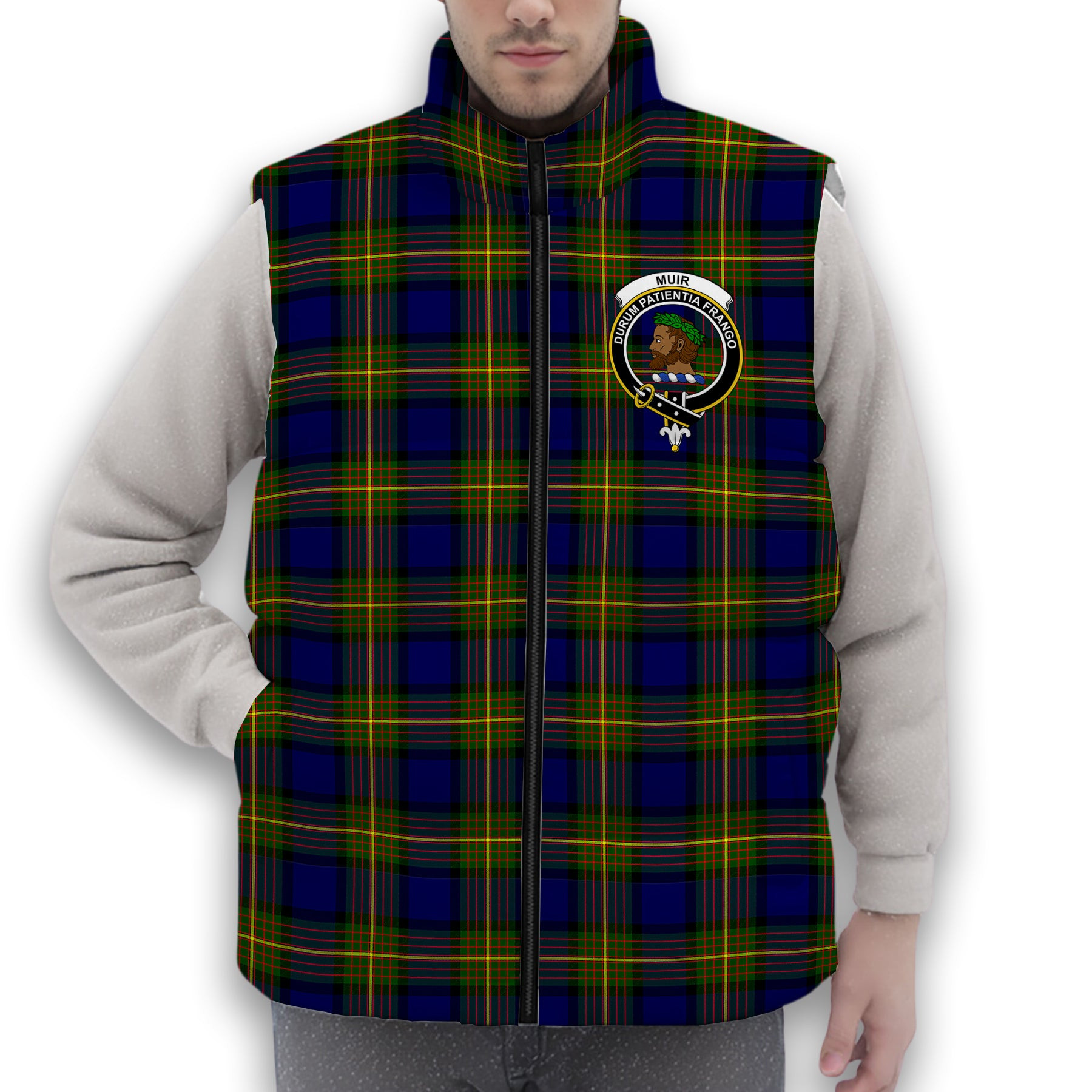 ScotsTee Shop Scottish Muir Crest Tartan Puffer Vest Winter White Duck Down Vest Sleeveless