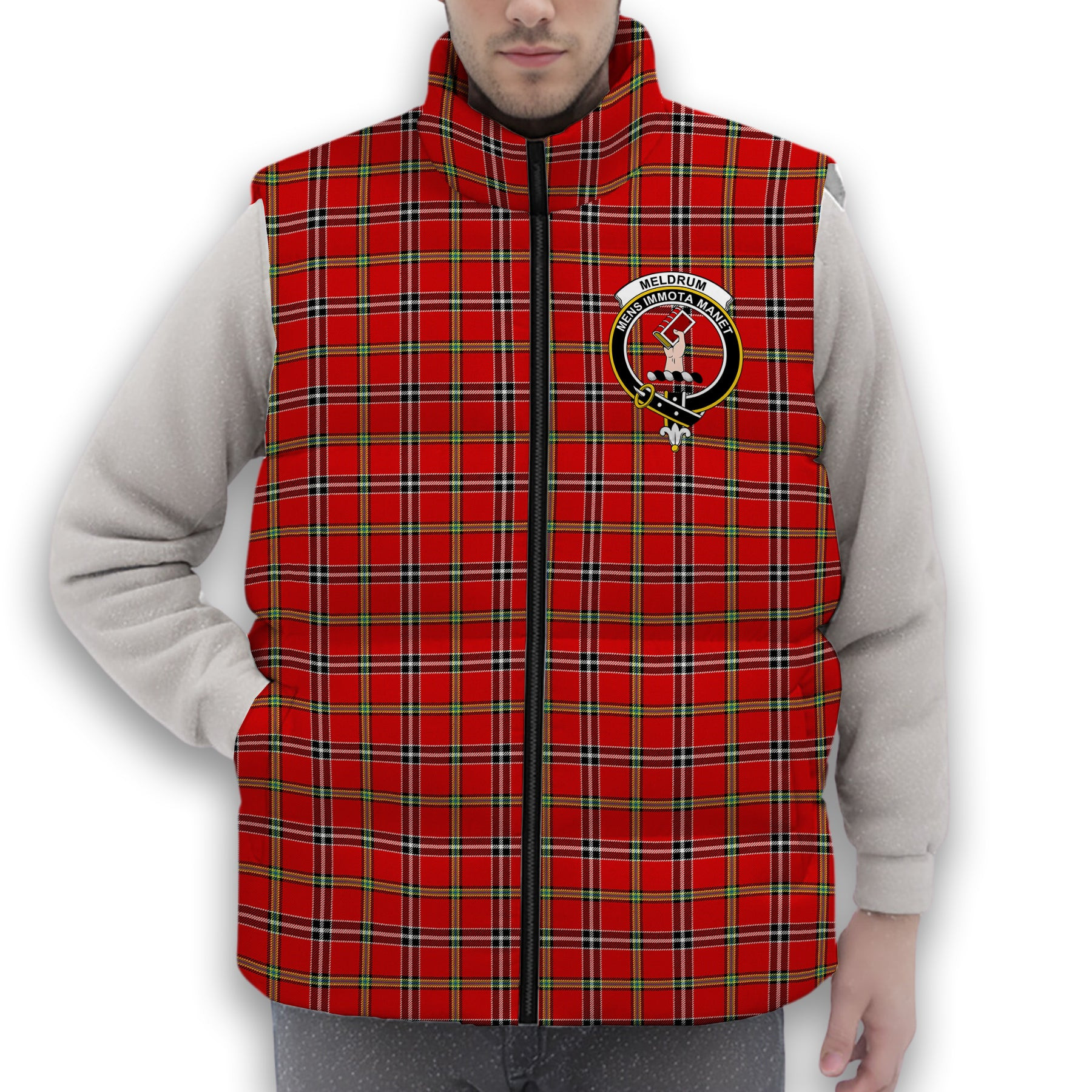 ScotsTee Shop Scottish Meldrum Dress Modern Crest Tartan Puffer Vest Winter White Duck Down Vest Sleeveless