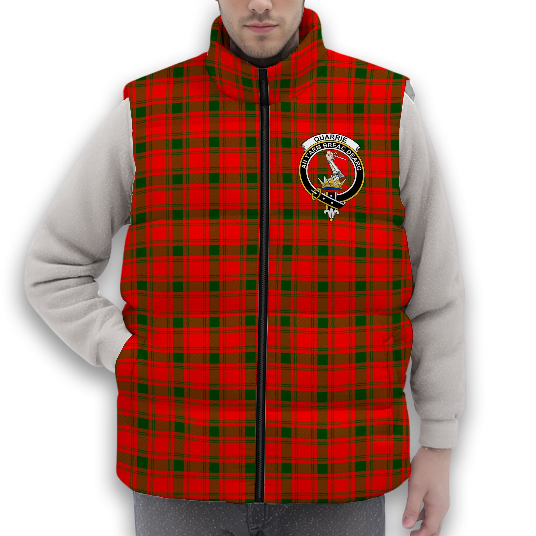 ScotsTee Shop Scottish Quarrie Modern Crest Tartan Puffer Vest Winter White Duck Down Vest Sleeveless