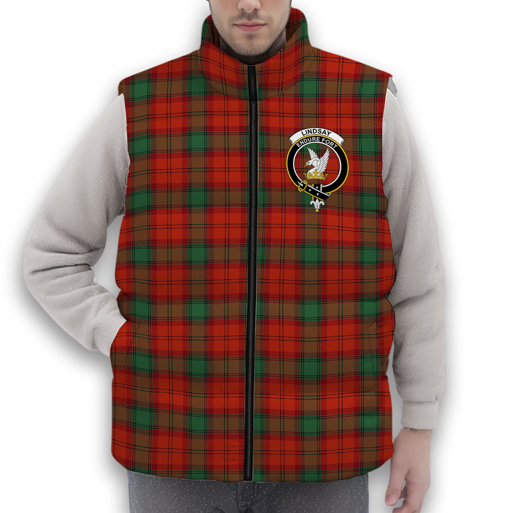 ScotsTee Shop Scottish Lindsay Black lines Ancient Crest Tartan Puffer Vest Winter White Duck Down Vest Sleeveless