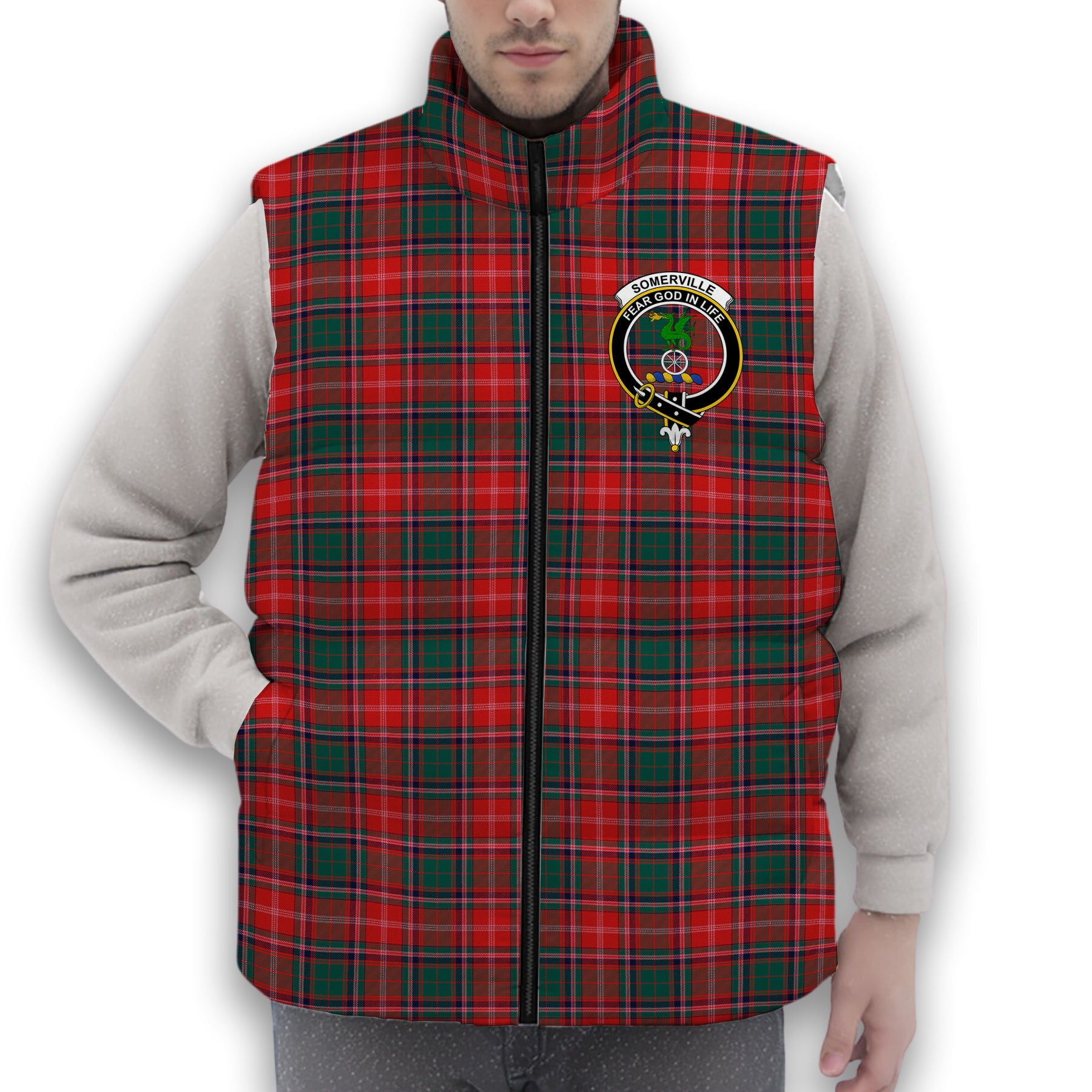 ScotsTee Shop Scottish Somerville Modern Crest Tartan Puffer Vest Winter White Duck Down Vest Sleeveless