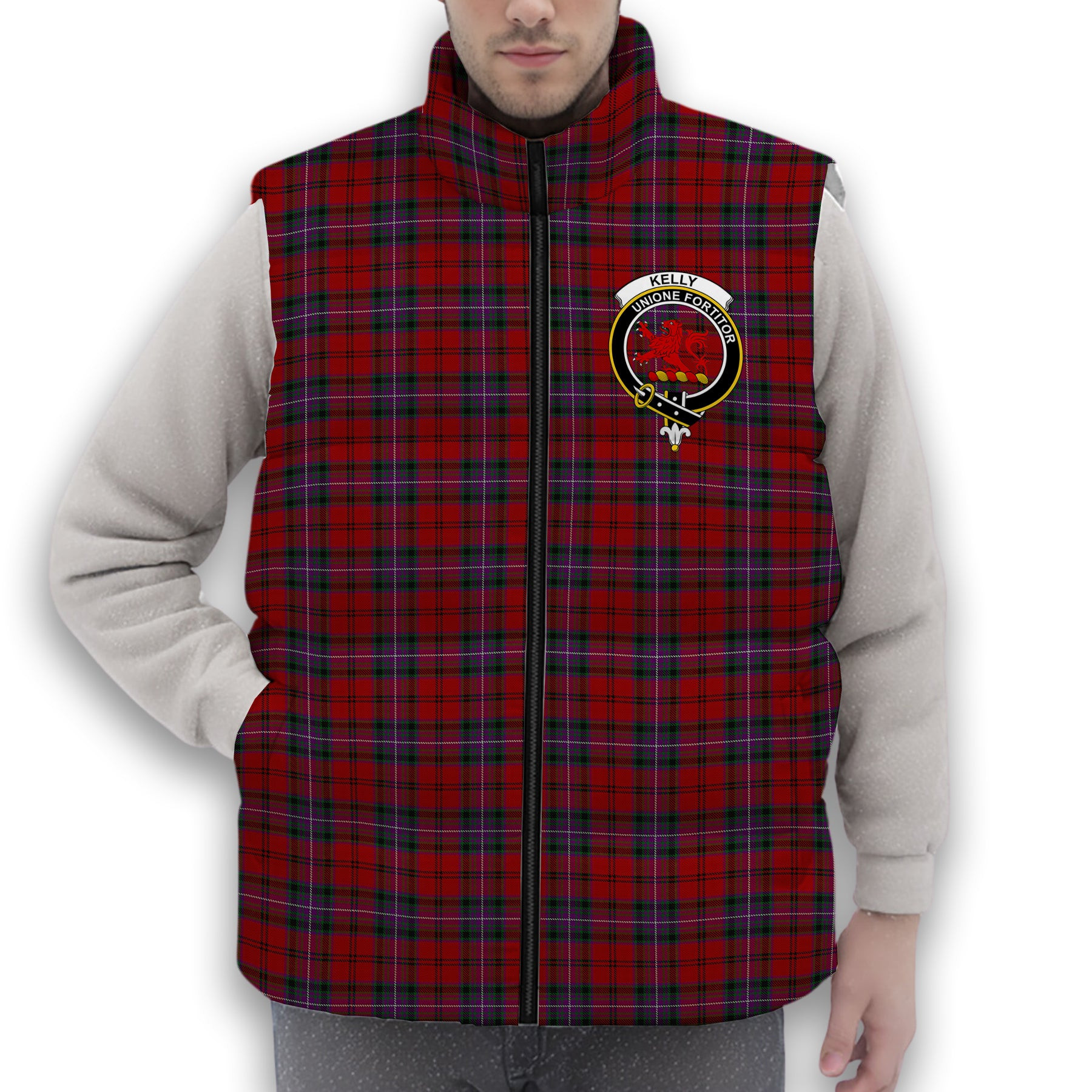 ScotsTee Shop Scottish Kelly of Sleat Red Crest Tartan Puffer Vest Winter White Duck Down Vest Sleeveless