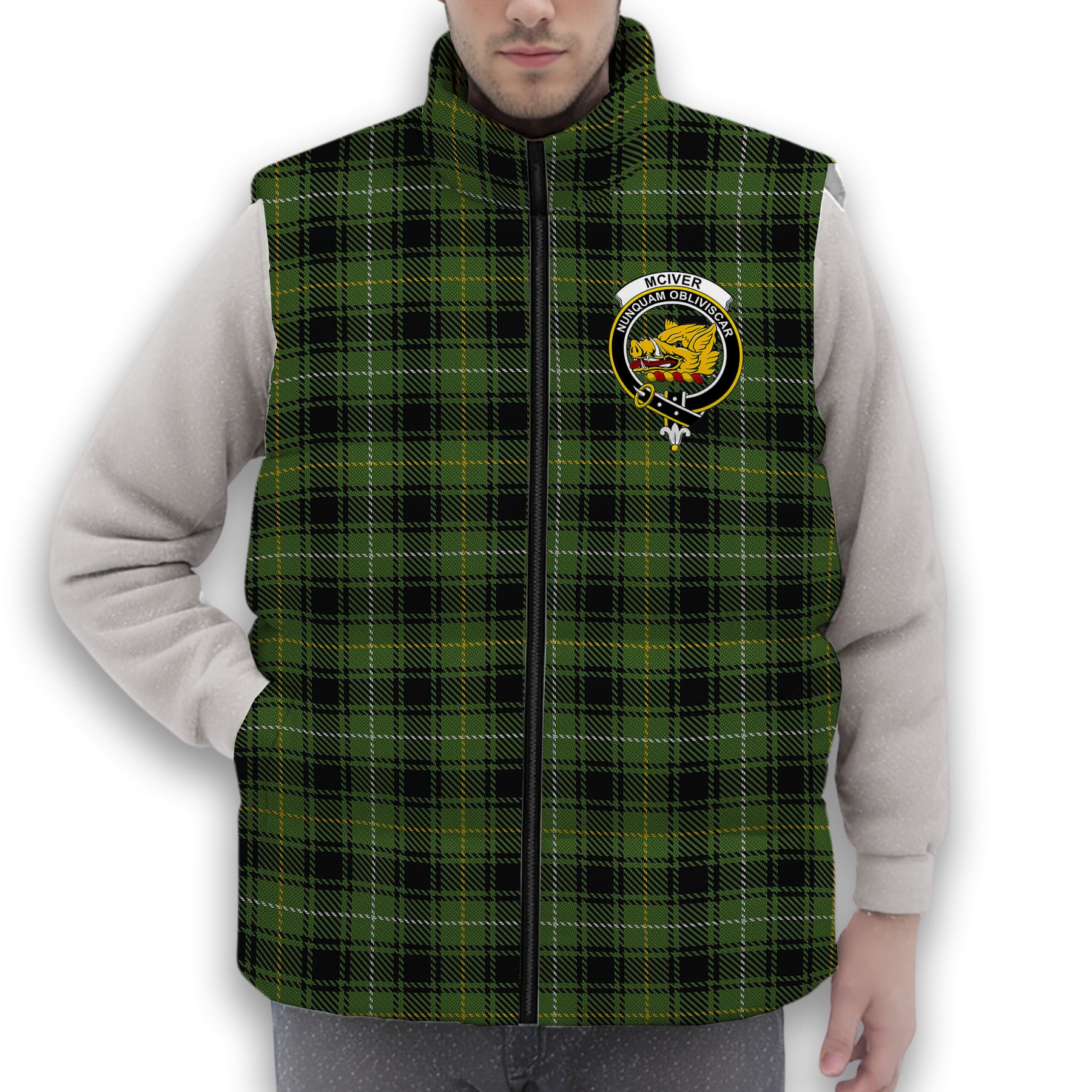 ScotsTee Shop Scottish McIver Hunting Crest Tartan Puffer Vest Winter White Duck Down Vest Sleeveless