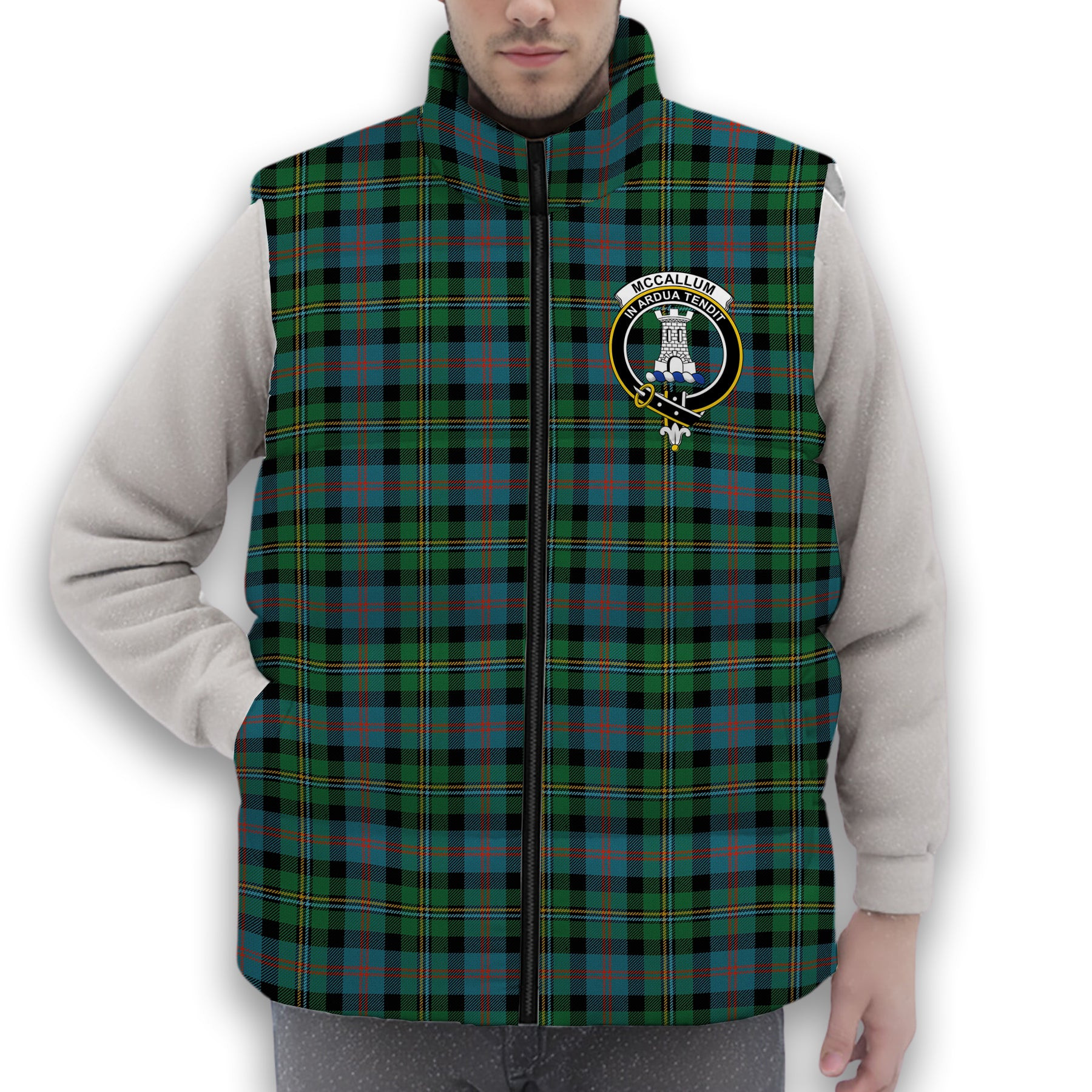 ScotsTee Shop Scottish McCallum Ancient Crest Tartan Puffer Vest Winter White Duck Down Vest Sleeveless