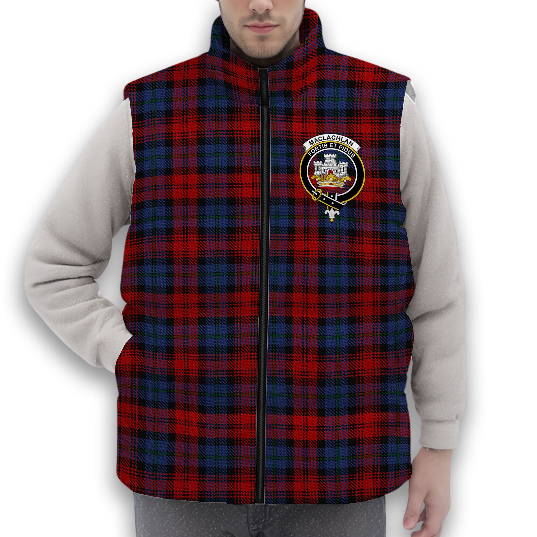ScotsTee Shop Scottish MacLachlan Modern Crest Tartan Puffer Vest Winter White Duck Down Vest Sleeveless