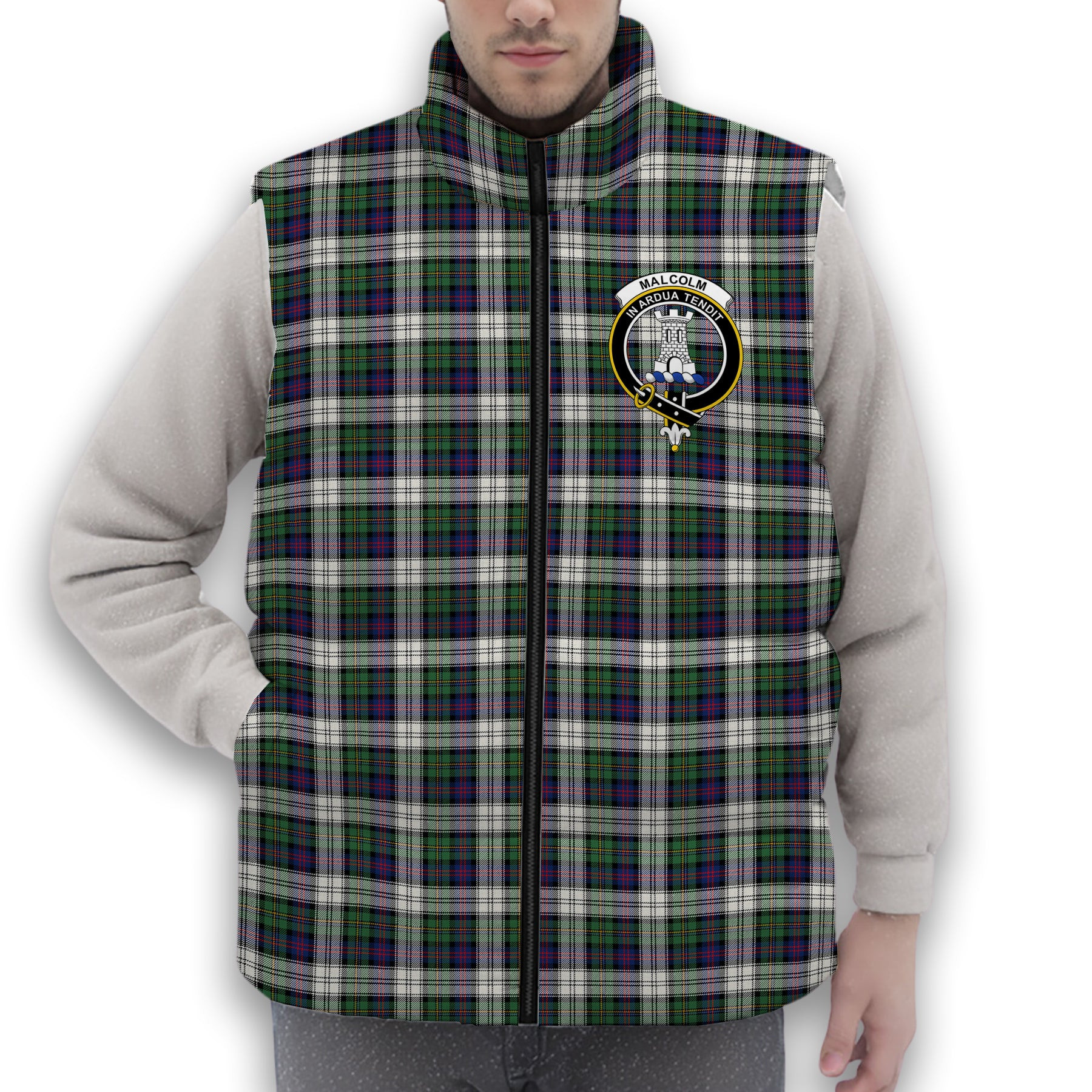 ScotsTee Shop Scottish Malcolm Dress Modern Crest Tartan Puffer Vest Winter White Duck Down Vest Sleeveless