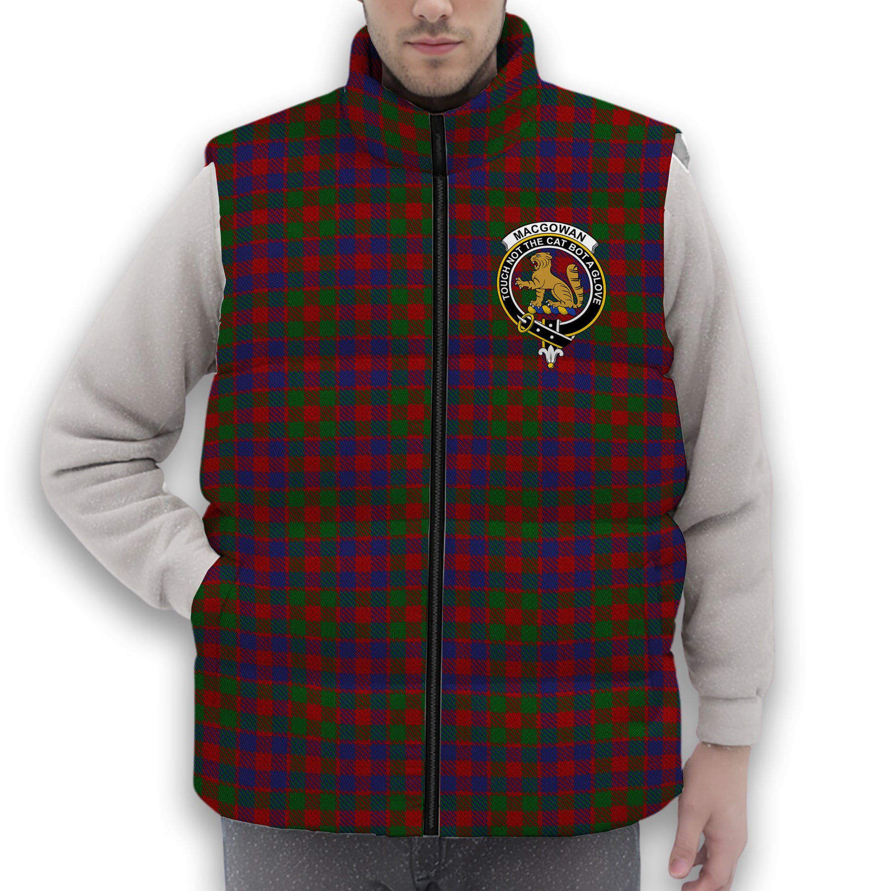 ScotsTee Shop Scottish MacGowan Crest Tartan Puffer Vest Winter White Duck Down Vest Sleeveless