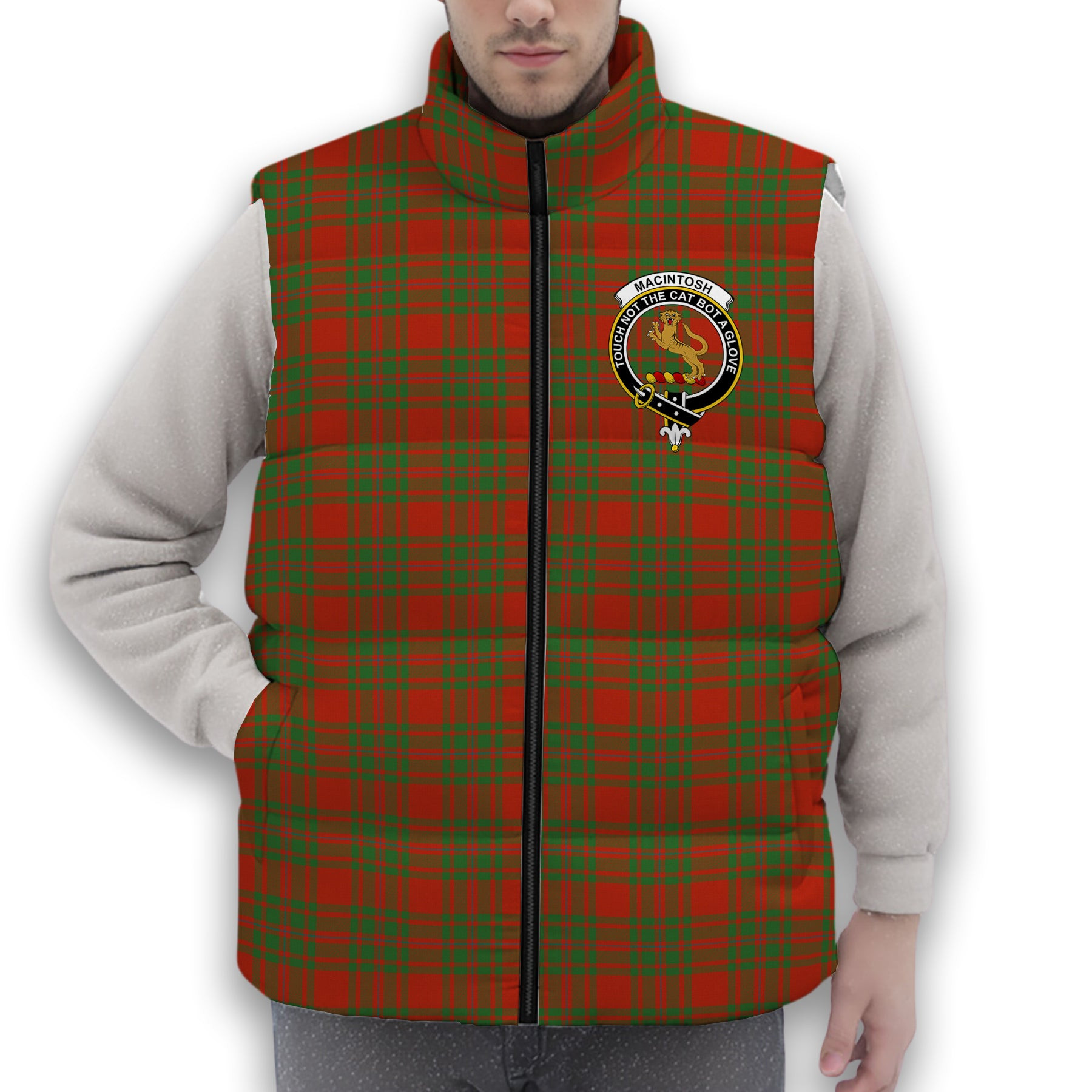ScotsTee Shop Scottish MacIntosh Red Ancient Crest Tartan Puffer Vest Winter White Duck Down Vest Sleeveless