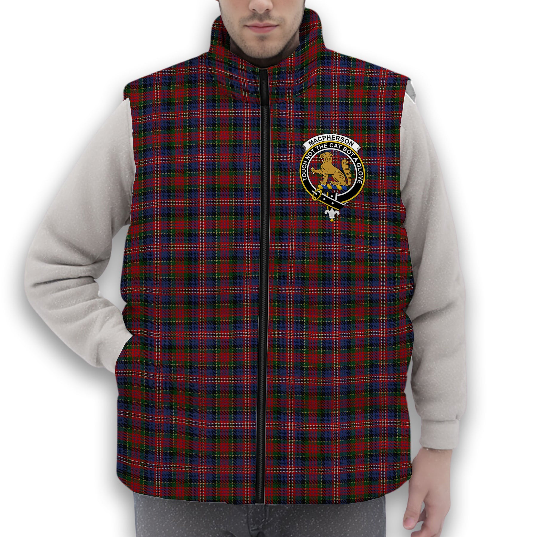 ScotsTee Shop Scottish MacPherson 7 Crest Tartan Puffer Vest Winter White Duck Down Vest Sleeveless