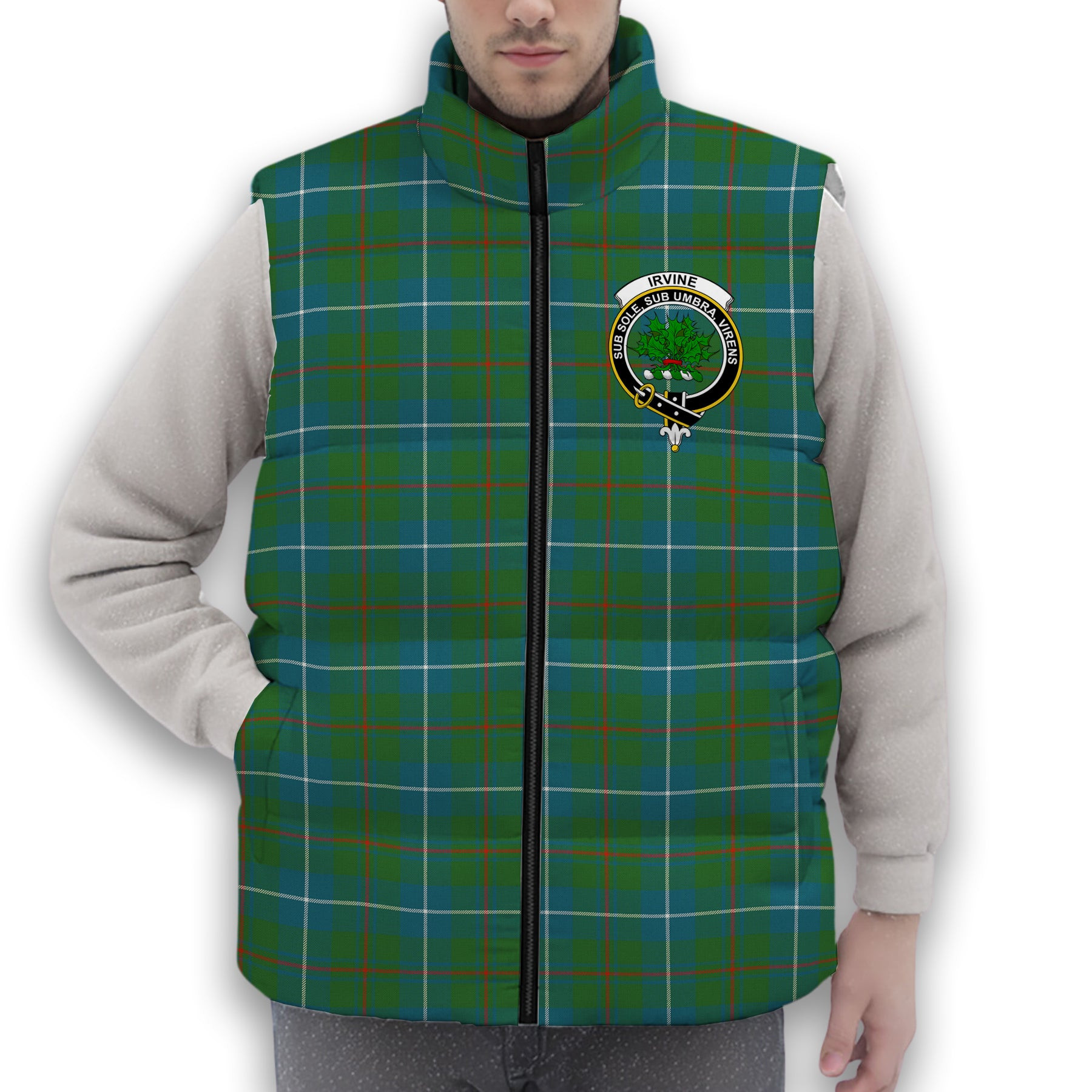 ScotsTee Shop Scottish Irvine of Bonshaw Tower Ancient Crest Tartan Puffer Vest Winter White Duck Down Vest Sleeveless