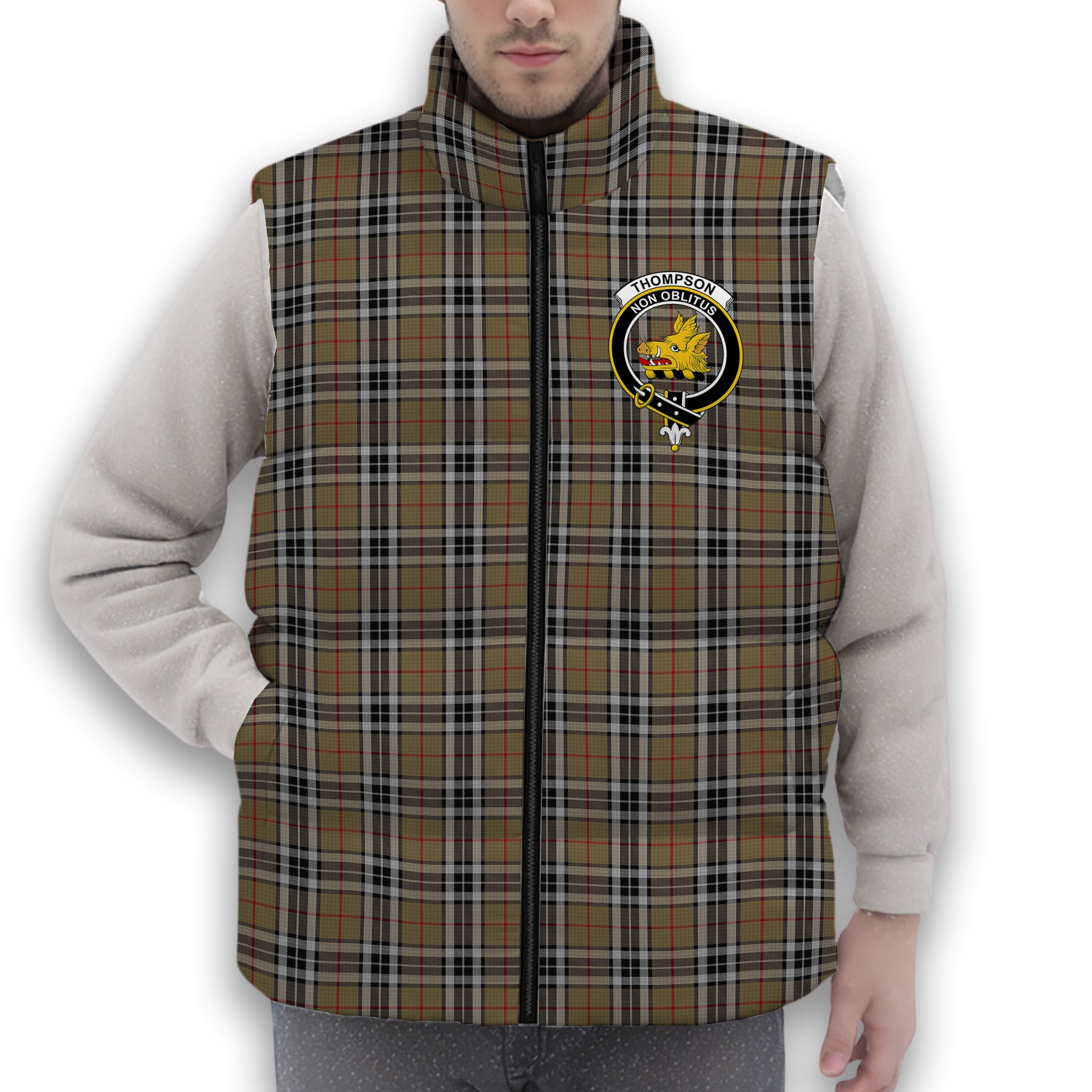 ScotsTee Shop Scottish Thompson Camel Crest Tartan Puffer Vest Winter White Duck Down Vest Sleeveless
