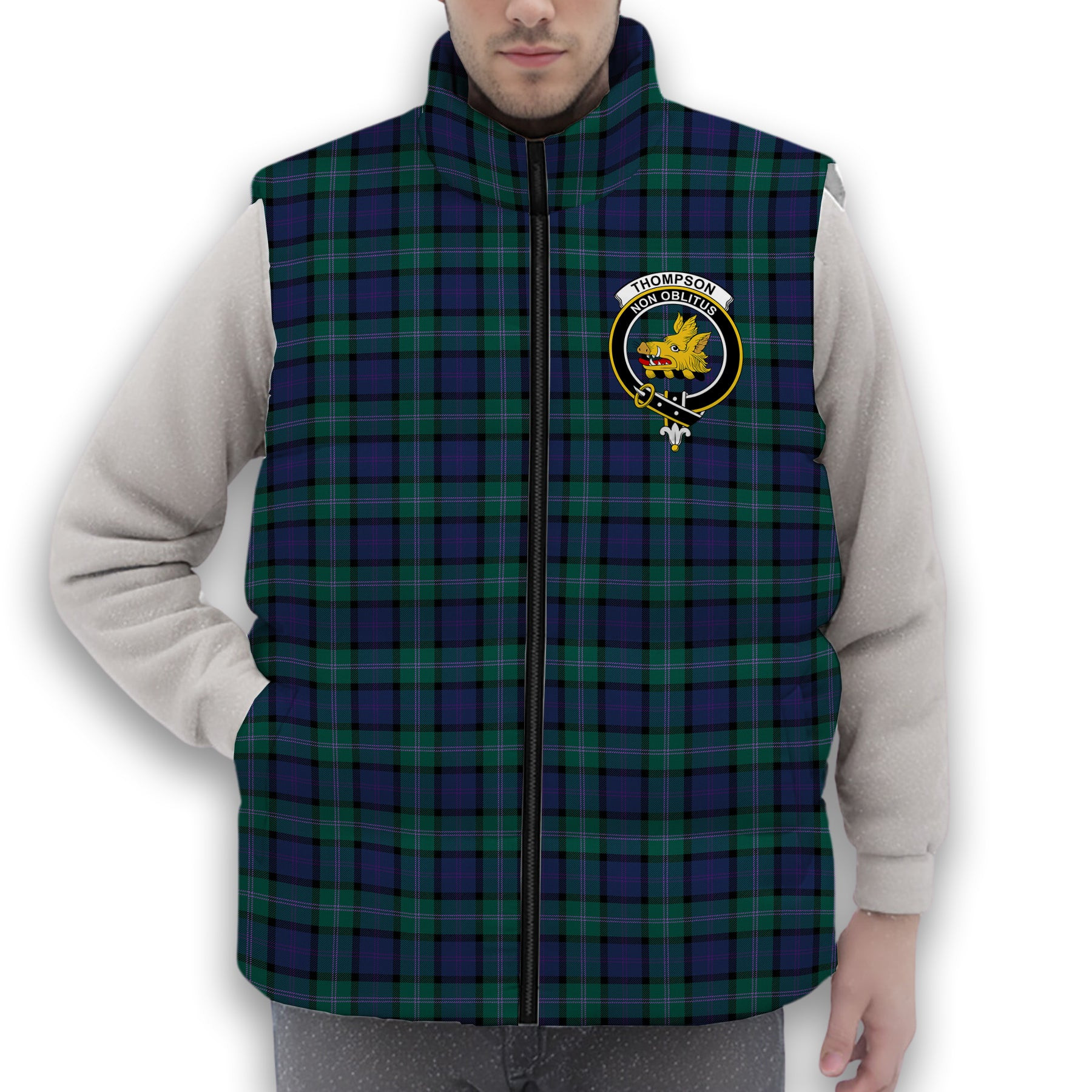 ScotsTee Shop Scottish Thompson Modern Crest Tartan Puffer Vest Winter White Duck Down Vest Sleeveless