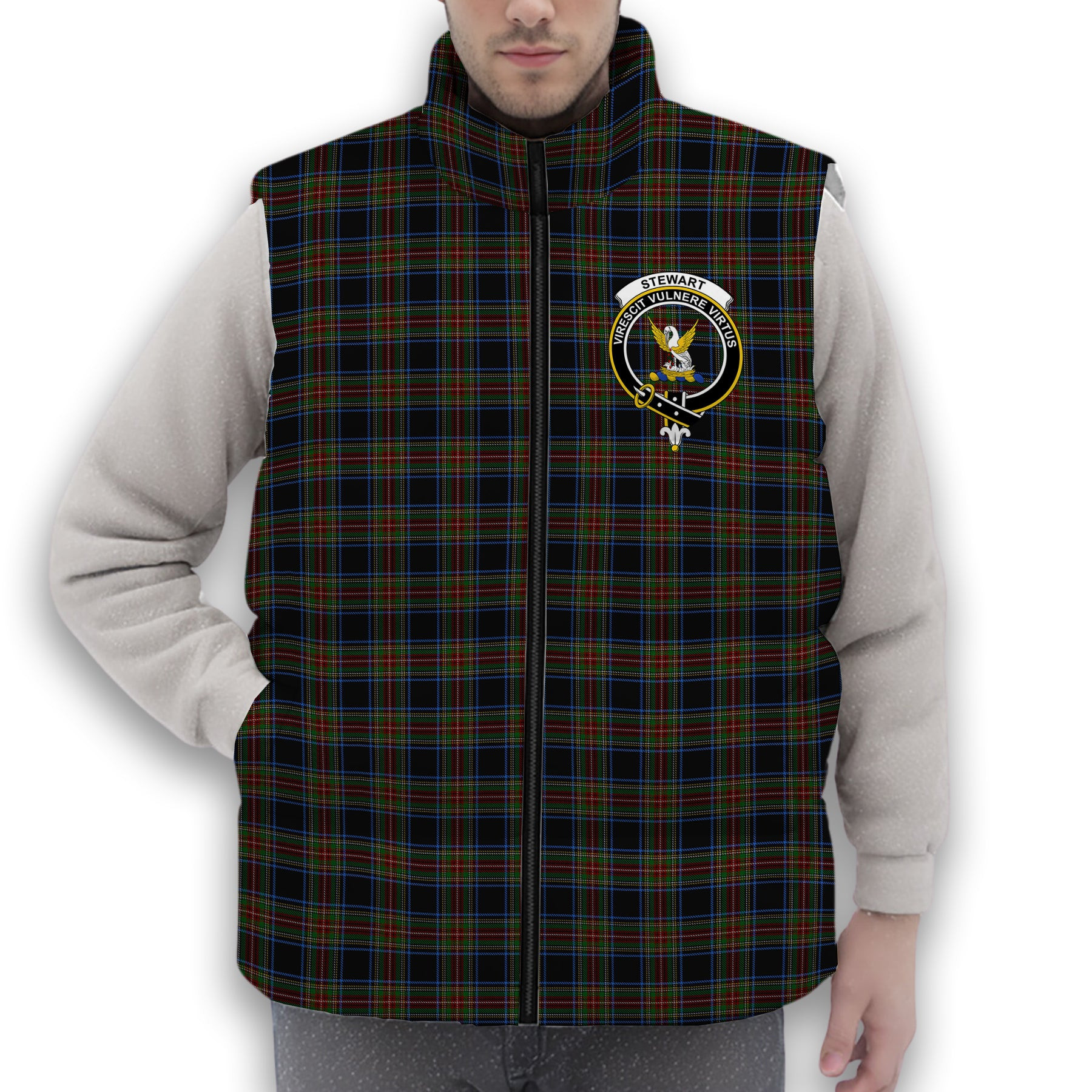 ScotsTee Shop Scottish Stewart Black 2 Crest Tartan Puffer Vest Winter White Duck Down Vest Sleeveless