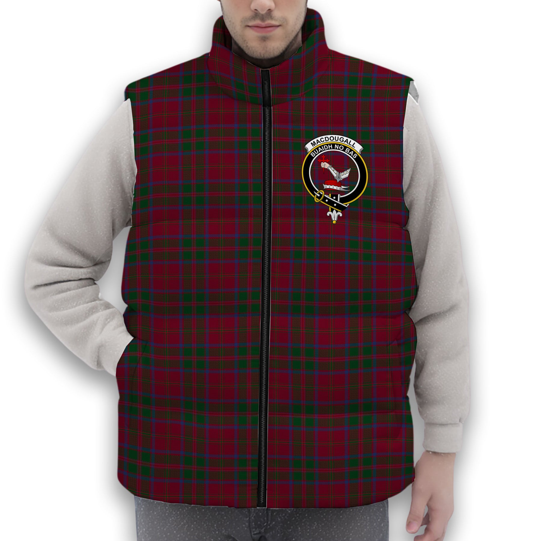 ScotsTee Shop Scottish MacDougall 1880 2 Crest Tartan Puffer Vest Winter White Duck Down Vest Sleeveless