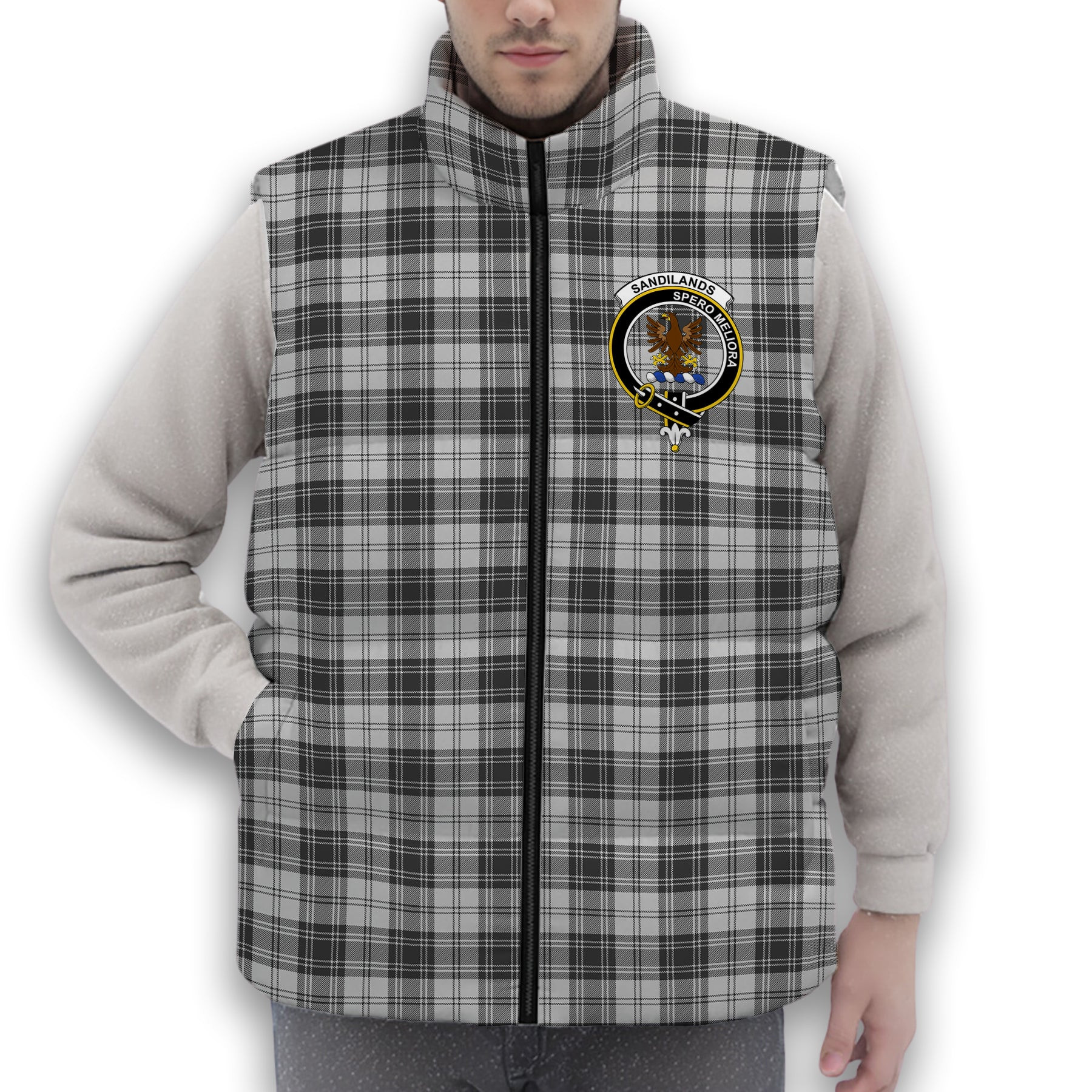 ScotsTee Shop Scottish Sandilands Grey Crest Tartan Puffer Vest Winter White Duck Down Vest Sleeveless