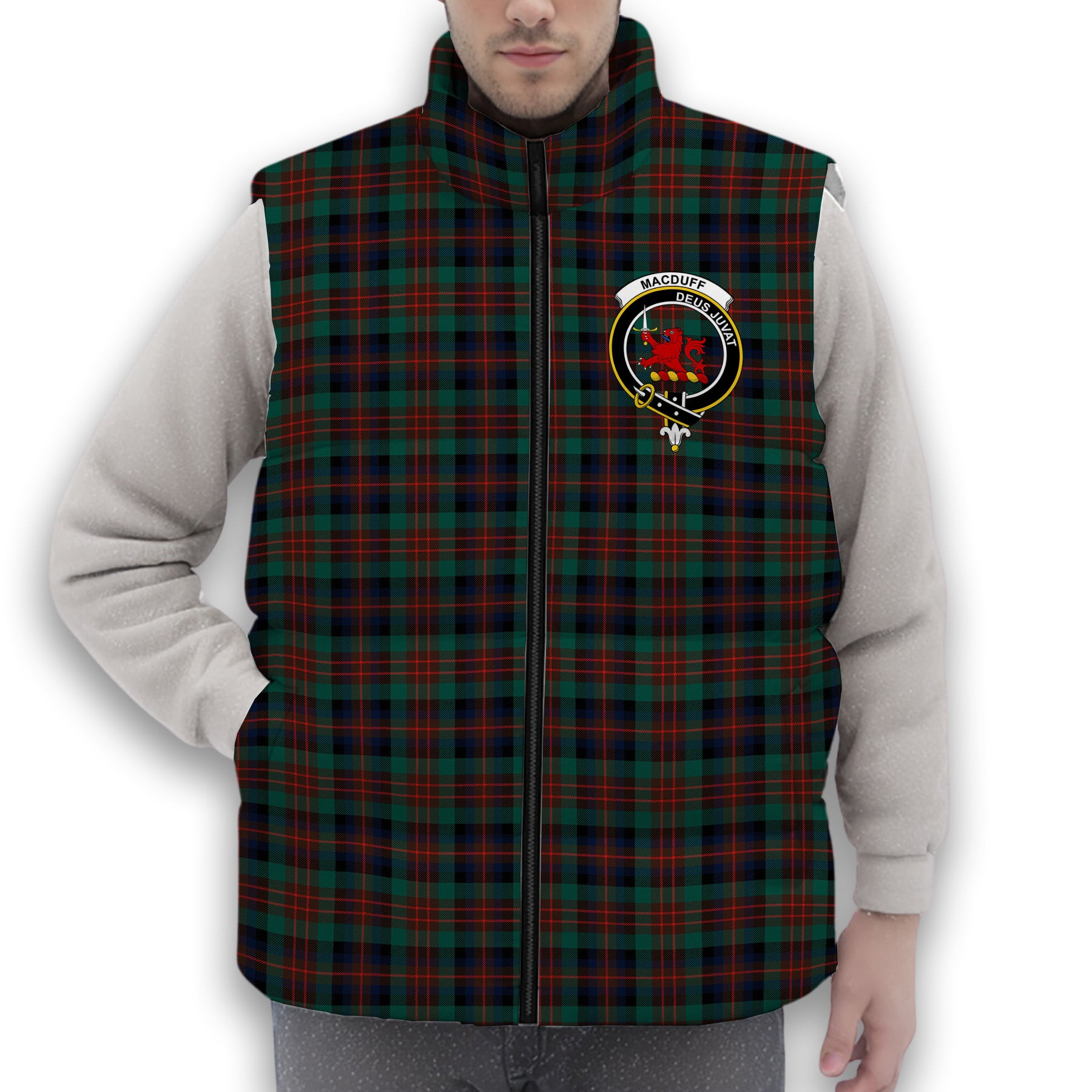 ScotsTee Shop Scottish MacDuff Hunting Modern Crest Tartan Puffer Vest Winter White Duck Down Vest Sleeveless