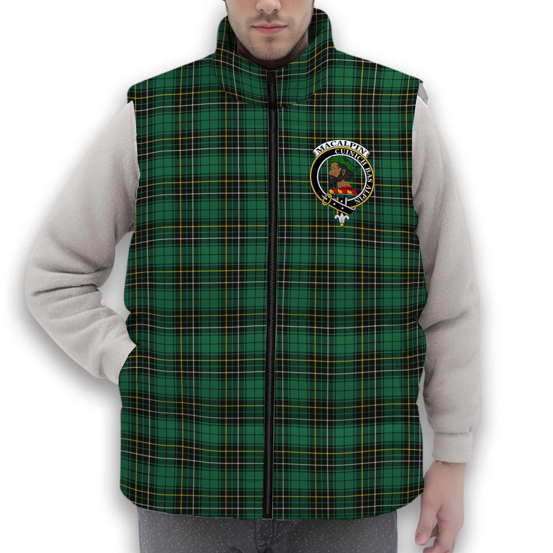ScotsTee Shop Scottish MacAlpine Ancient Crest Tartan Puffer Vest Winter White Duck Down Vest Sleeveless