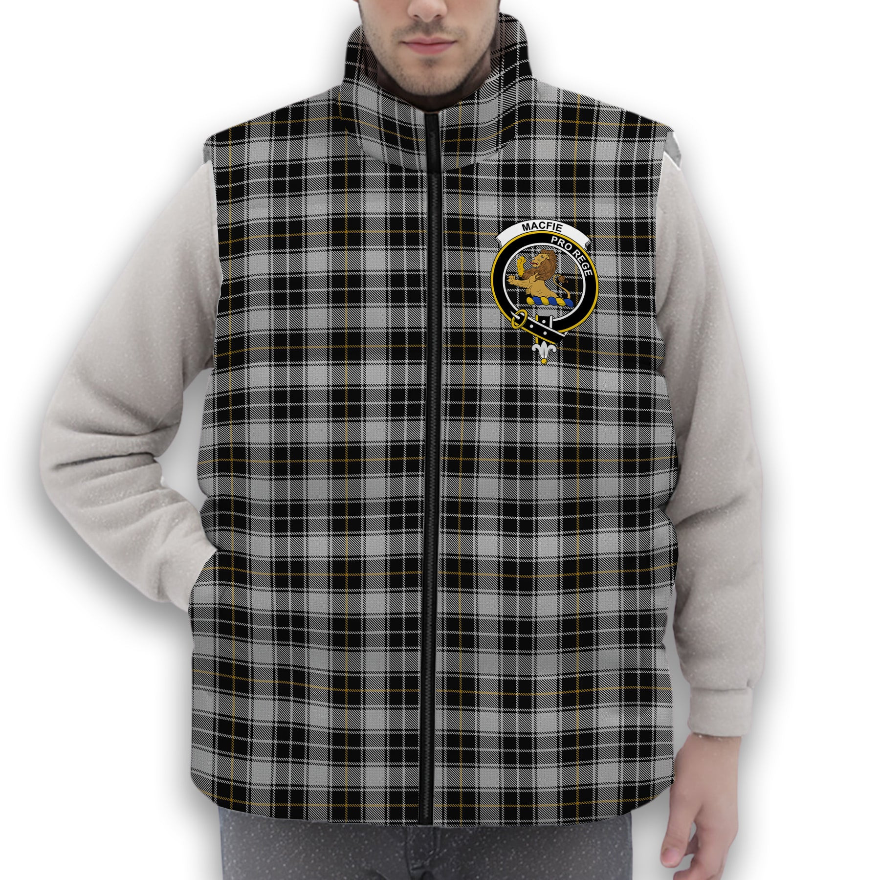 ScotsTee Shop Scottish MacFie of Colonsay Dress Crest Tartan Puffer Vest Winter White Duck Down Vest Sleeveless