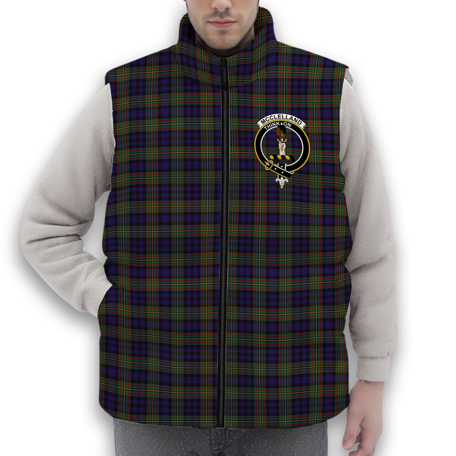 ScotsTee Shop Scottish McClelland Modern Crest Tartan Puffer Vest Winter White Duck Down Vest Sleeveless