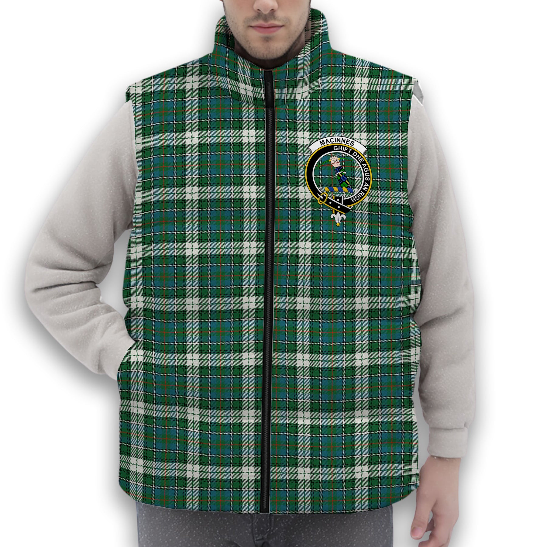 ScotsTee Shop Scottish MacInnes Dress Ancient Crest Tartan Puffer Vest Winter White Duck Down Vest Sleeveless