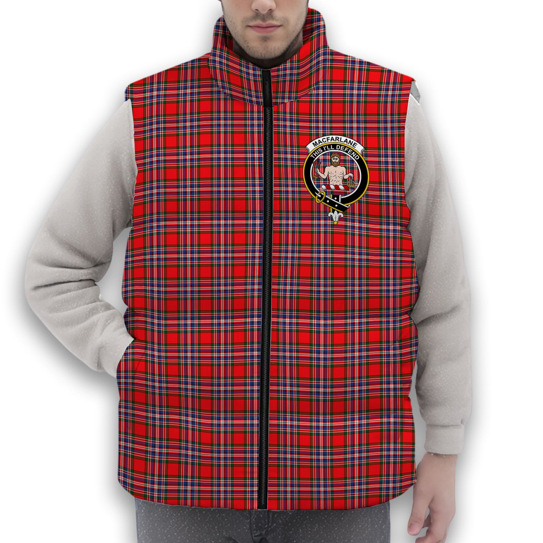 ScotsTee Shop Scottish MacFarlane Modern Crest Tartan Puffer Vest Winter White Duck Down Vest Sleeveless
