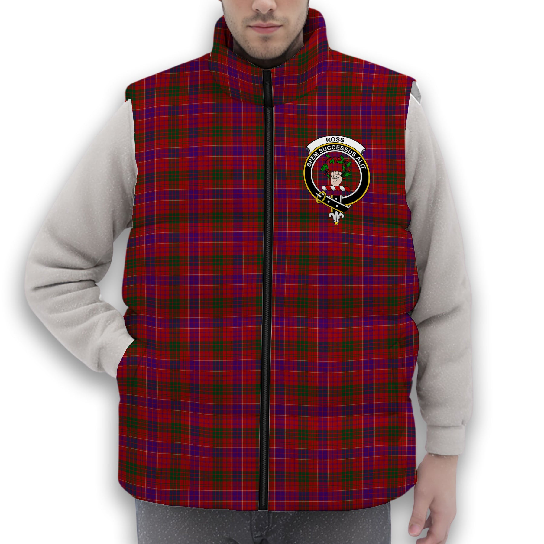 ScotsTee Shop Scottish Ross 3 Crest Tartan Puffer Vest Winter White Duck Down Vest Sleeveless