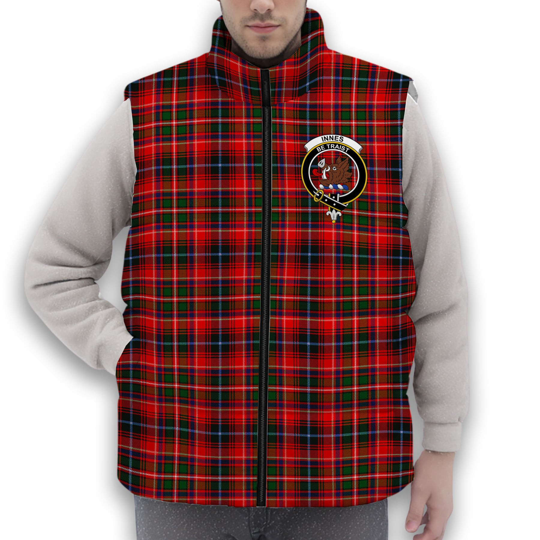 ScotsTee Shop Scottish Innes Modern Crest Tartan Puffer Vest Winter White Duck Down Vest Sleeveless