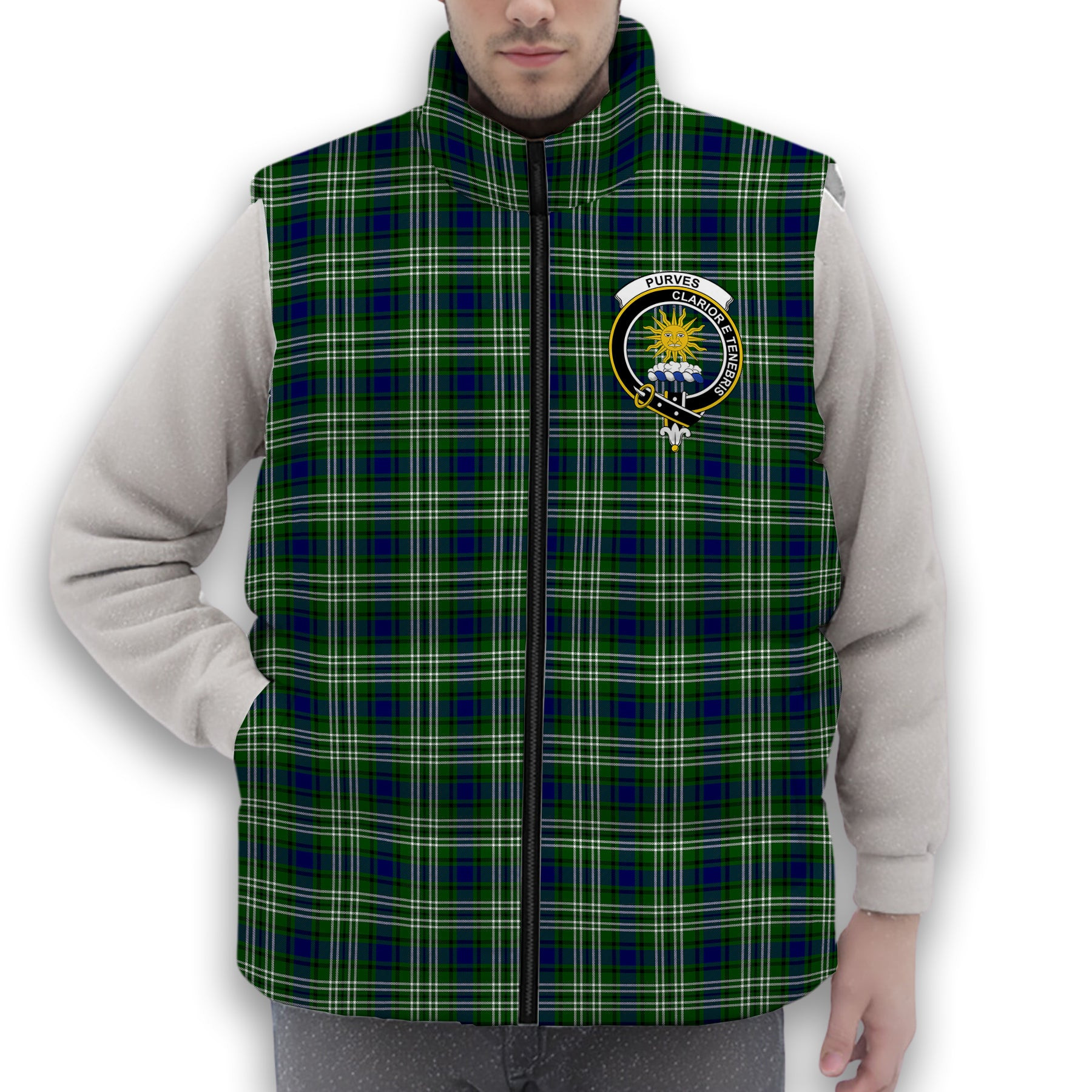 ScotsTee Shop Scottish Purves Crest Tartan Puffer Vest Winter White Duck Down Vest Sleeveless