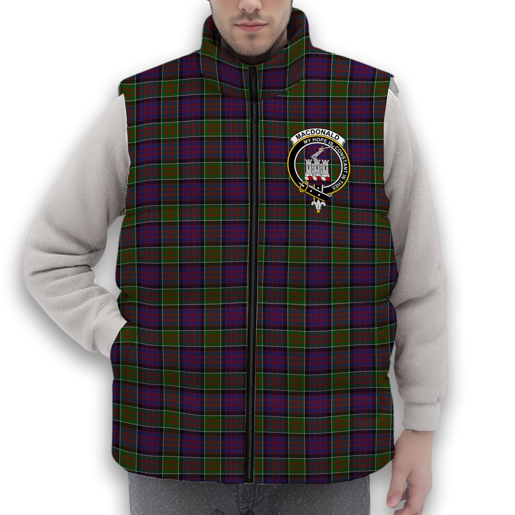 ScotsTee Shop Scottish MacDonald of Clan Ranald Modern Crest Tartan Puffer Vest Winter White Duck Down Vest Sleeveless