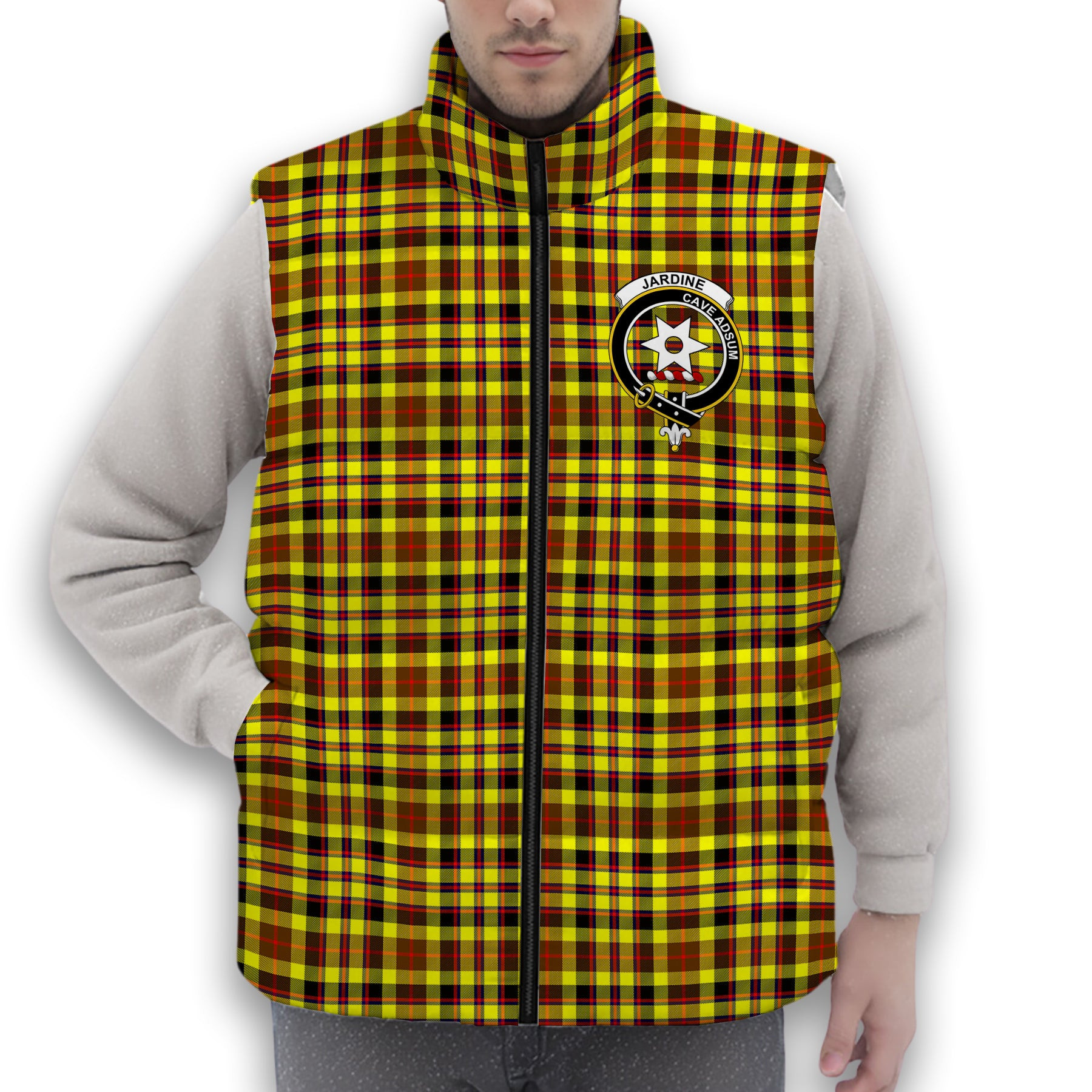 ScotsTee Shop Scottish Jardine Modern Crest Tartan Puffer Vest Winter White Duck Down Vest Sleeveless