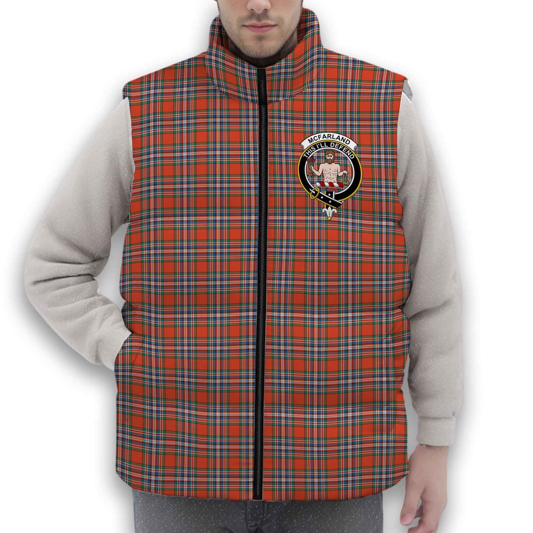 ScotsTee Shop Scottish McFarland Ancient Crest Tartan Puffer Vest Winter White Duck Down Vest Sleeveless