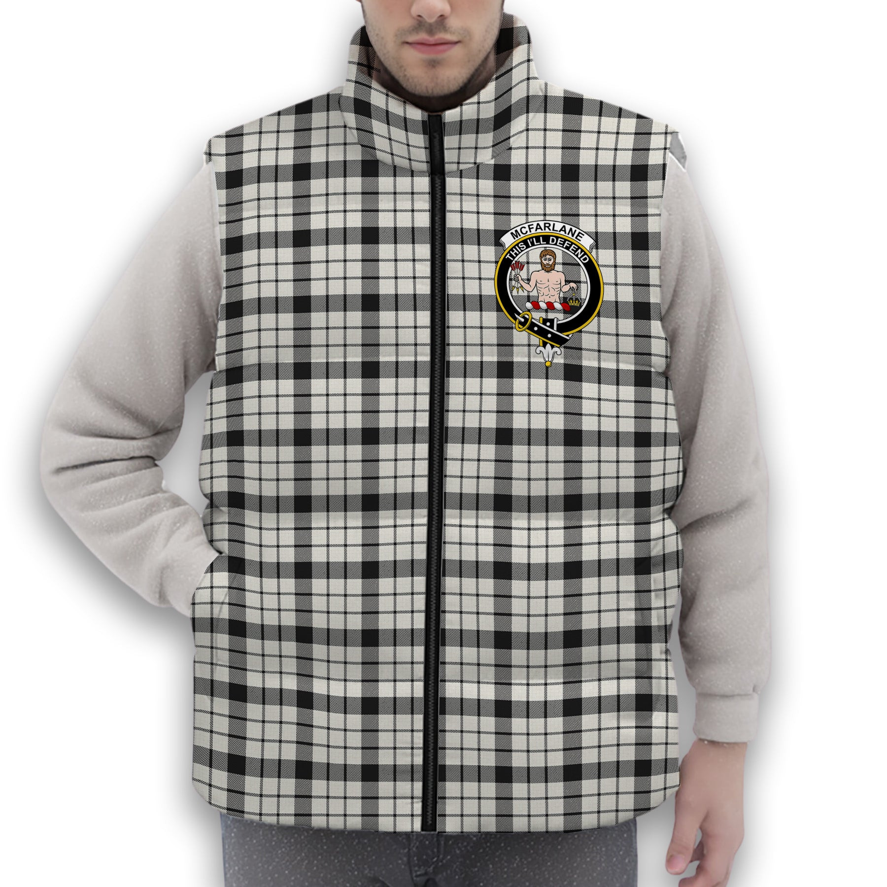 ScotsTee Shop Scottish McFarlane Black White Ancient Crest Tartan Puffer Vest Winter White Duck Down Vest Sleeveless