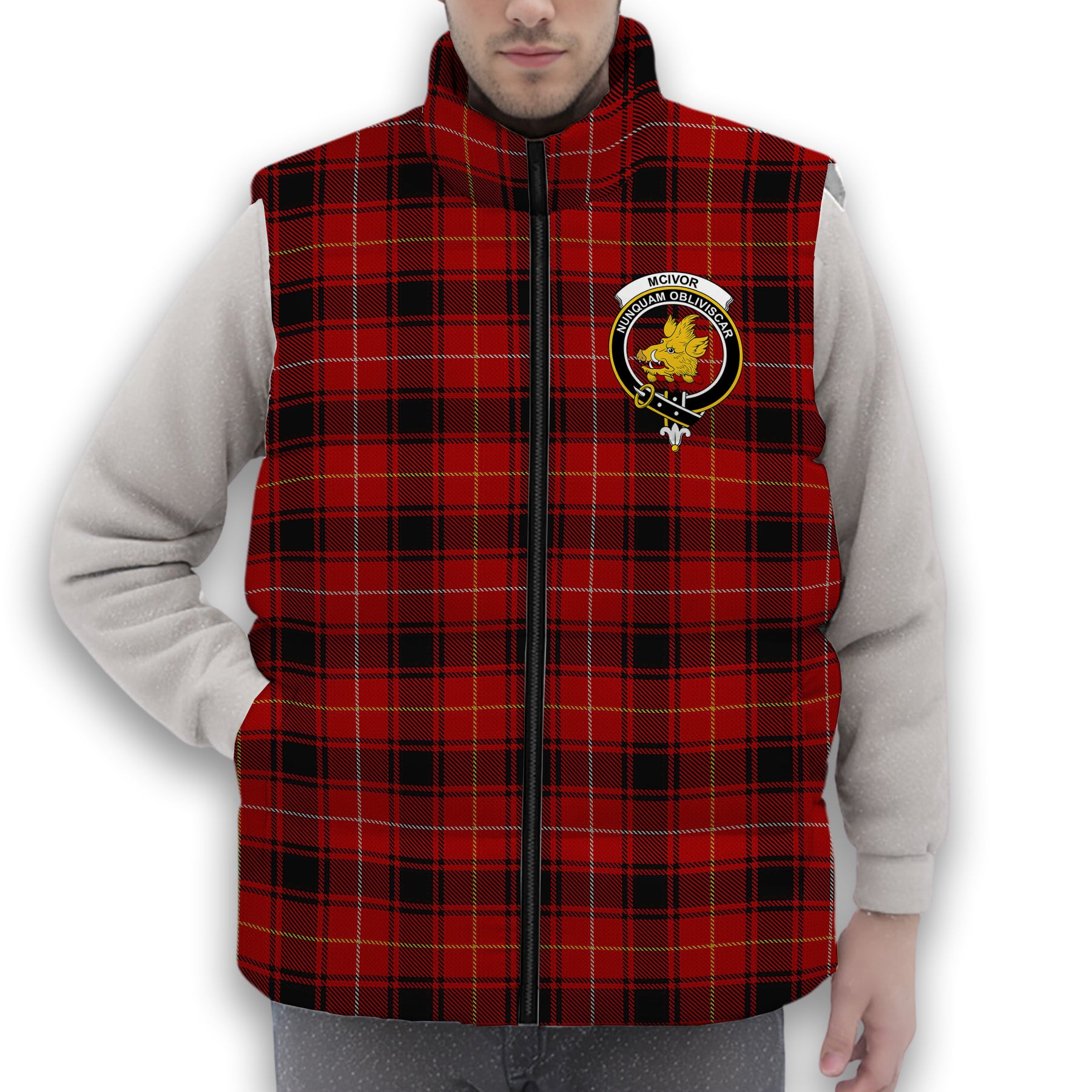 ScotsTee Shop Scottish McIvor Modern Crest Tartan Puffer Vest Winter White Duck Down Vest Sleeveless