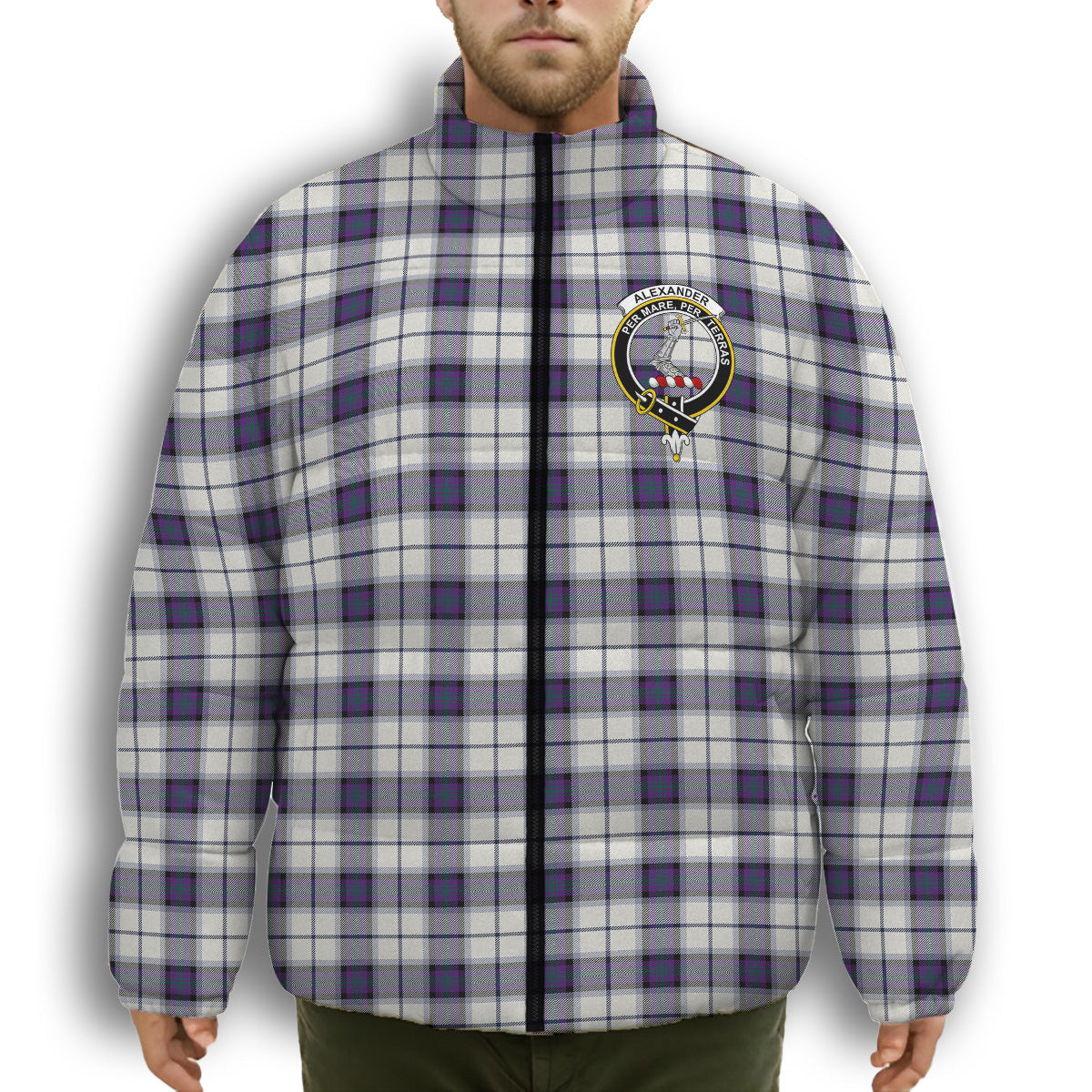 ScotsTee Shop Scottish Alexander of Menstry Dress Modern Crest Tartan Collar Down Jacket Winter White Duck Down Plaid