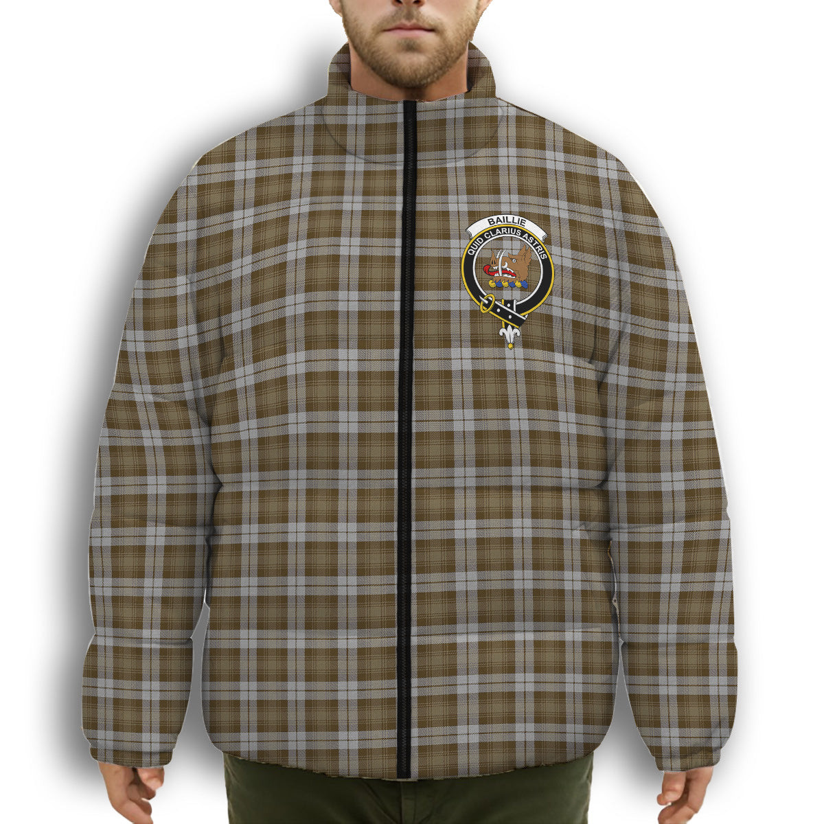 ScotsTee Shop Scottish Baillie Dress Crest Tartan Collar Down Jacket Winter White Duck Down Plaid