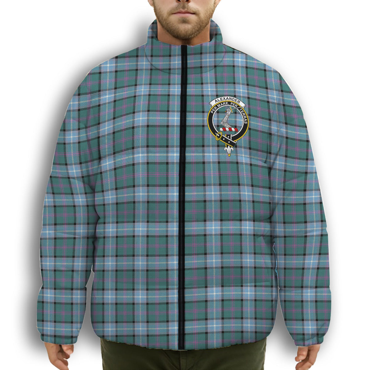 ScotsTee Shop Scottish Alexander of Menstry Hunting Ancient Crest Tartan Collar Down Jacket Winter White Duck Down Plaid