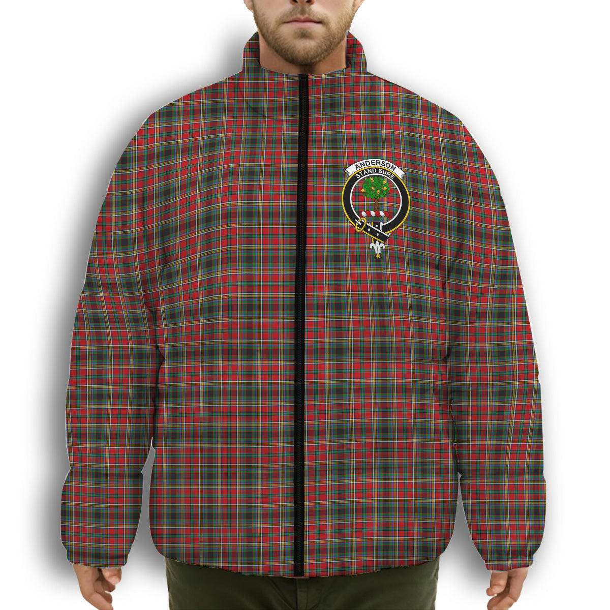 ScotsTee Shop Scottish Anderson of Arbrake SC Crest Tartan Collar Down Jacket Winter White Duck Down Plaid