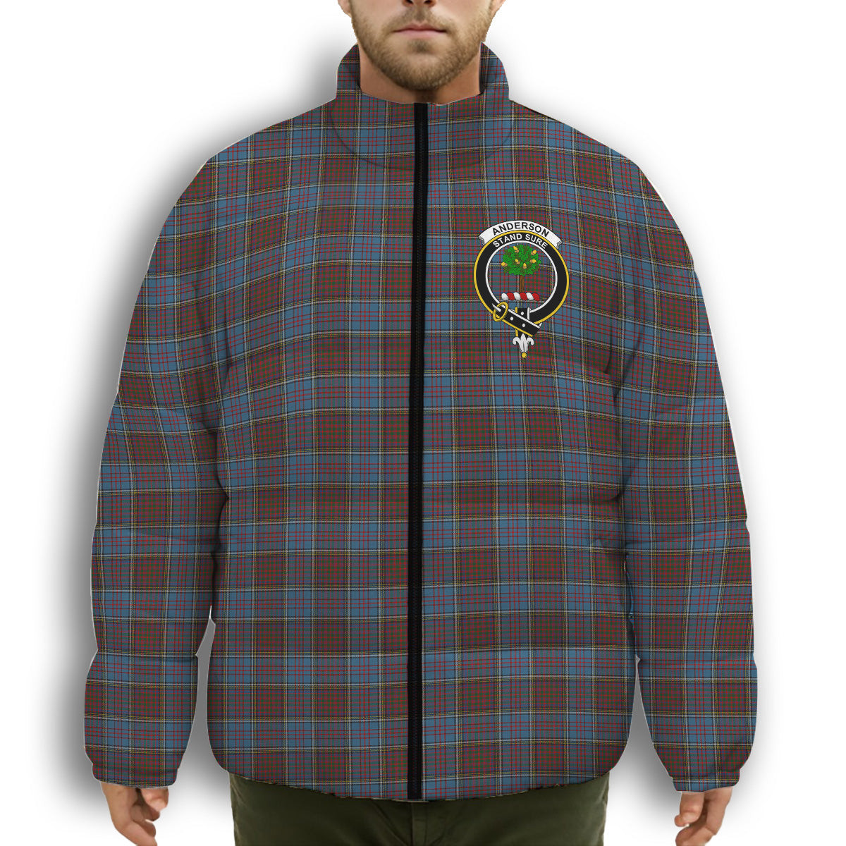 ScotsTee Shop Scottish Anderson Highland Society of London Crest Tartan Collar Down Jacket Winter White Duck Down Plaid