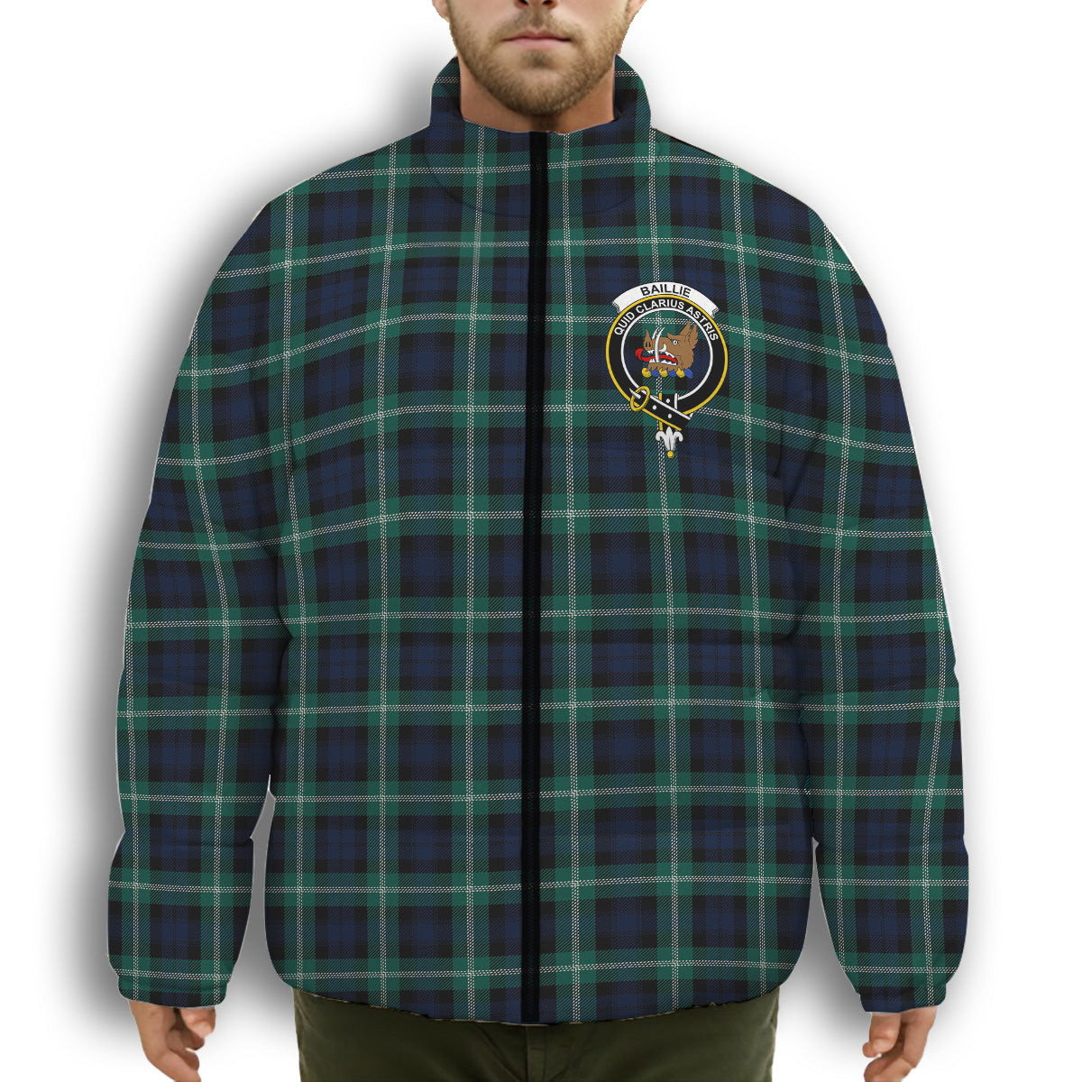 ScotsTee Shop Scottish Baillie of Polkemmet Modern Crest Tartan Collar Down Jacket Winter White Duck Down Plaid