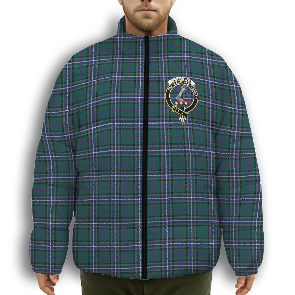 ScotsTee Shop Scottish Alexander of Menstry Hunting Modern Crest Tartan Collar Down Jacket Winter White Duck Down Plaid