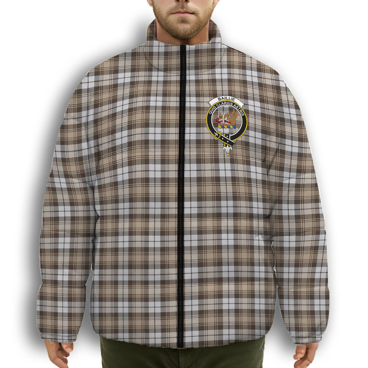 ScotsTee Shop Scottish Baillie Dress Modern Clan Crest Tartan Collar Down Jacket Winter White Duck Down Plaid