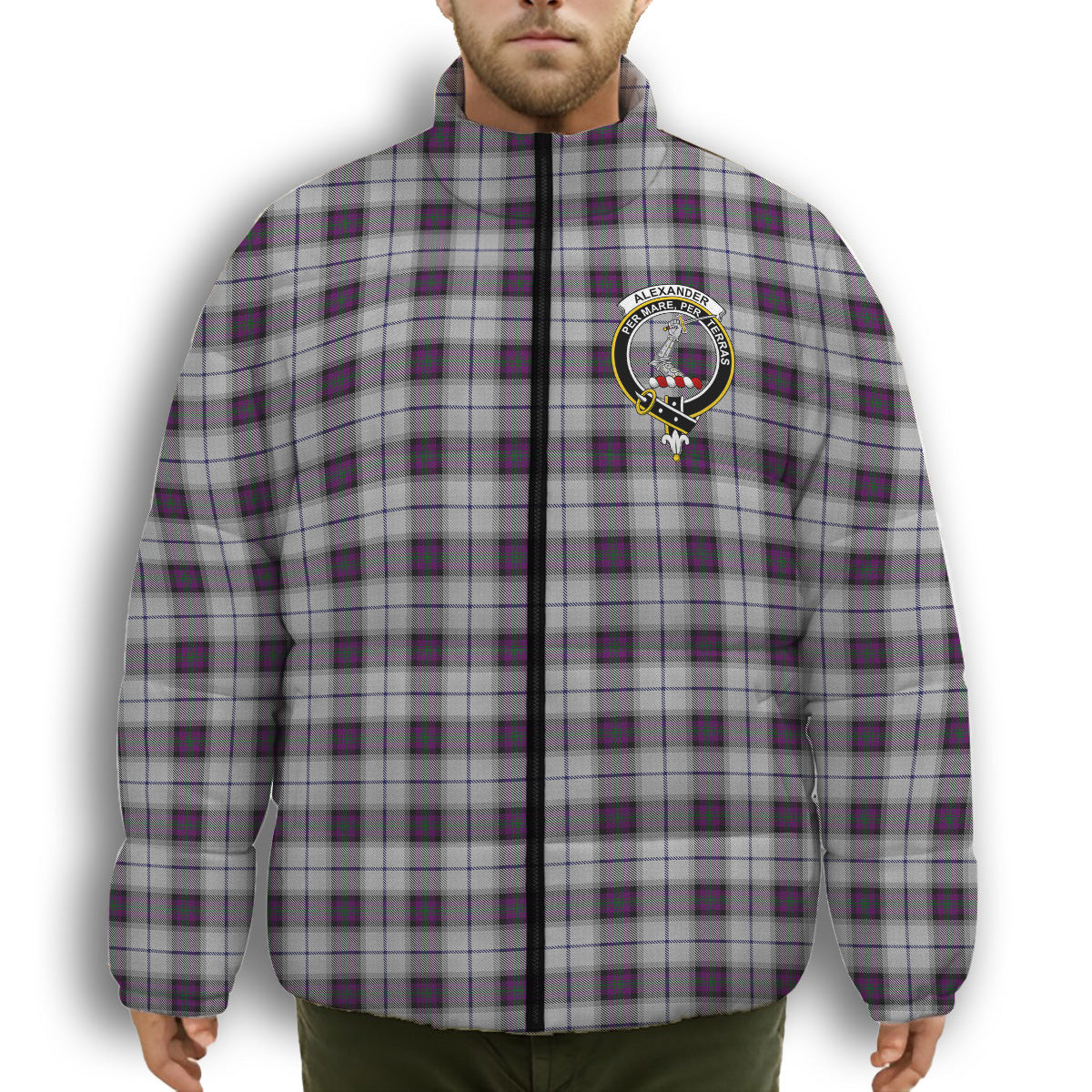 ScotsTee Shop Scottish Alexander of Menstry Dress Crest Tartan Collar Down Jacket Winter White Duck Down Plaid