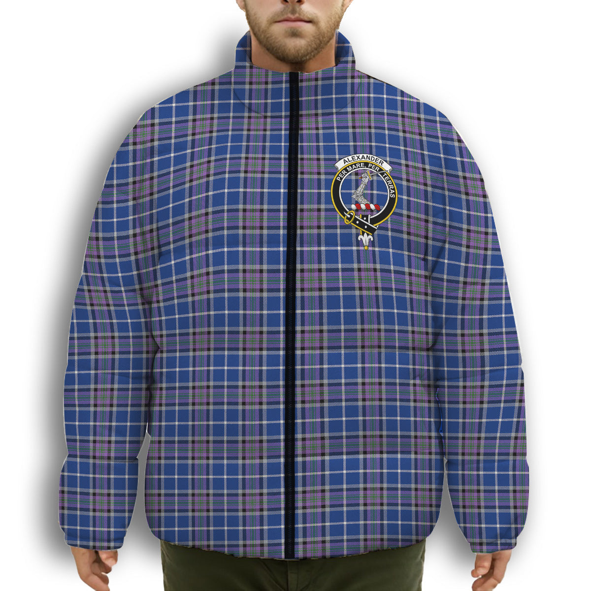 ScotsTee Shop Scottish Alexander of Menstry Ancient Crest Tartan Collar Down Jacket Winter White Duck Down Plaid